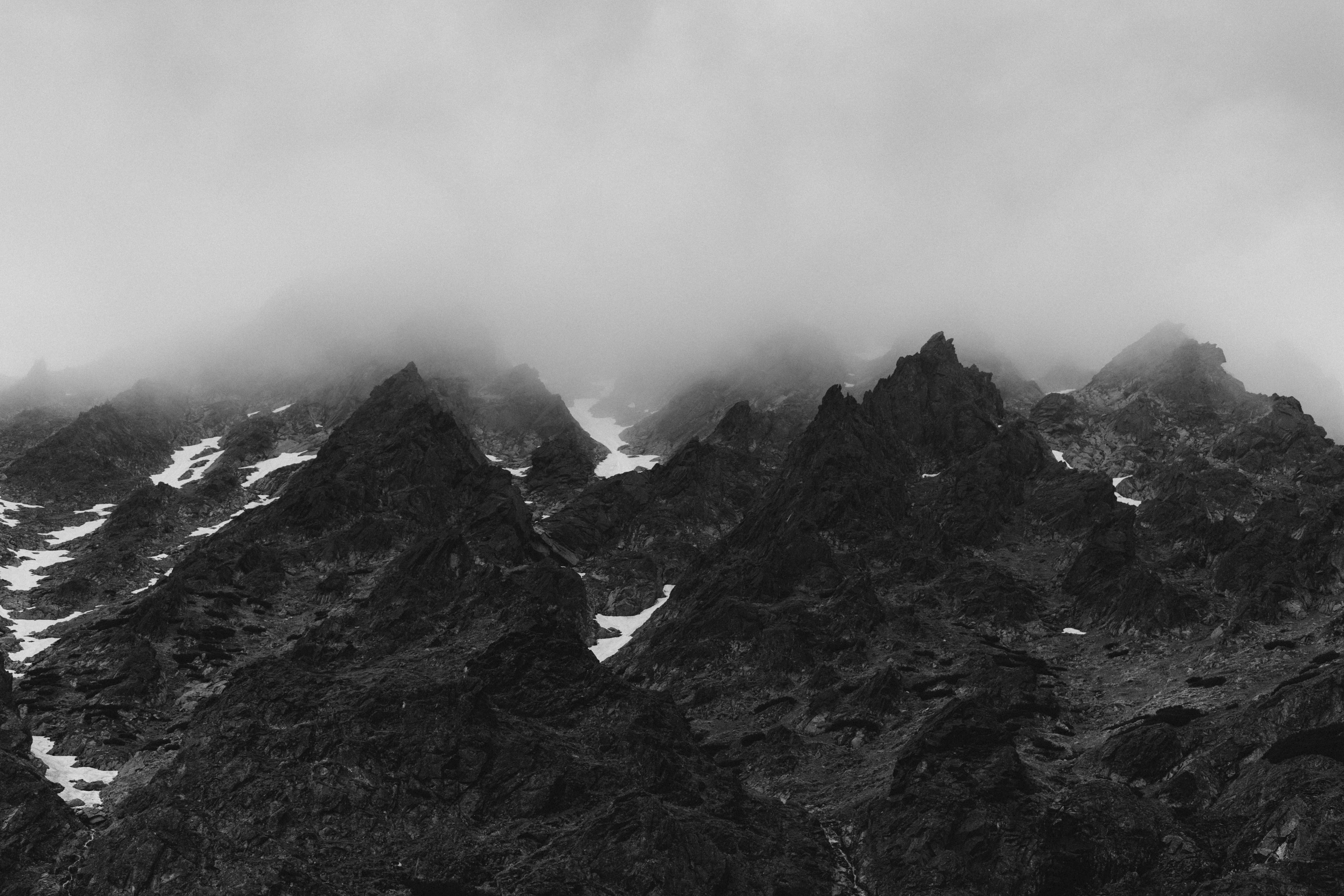 grayscale mountain scenery, mountain range, outdoors, nature