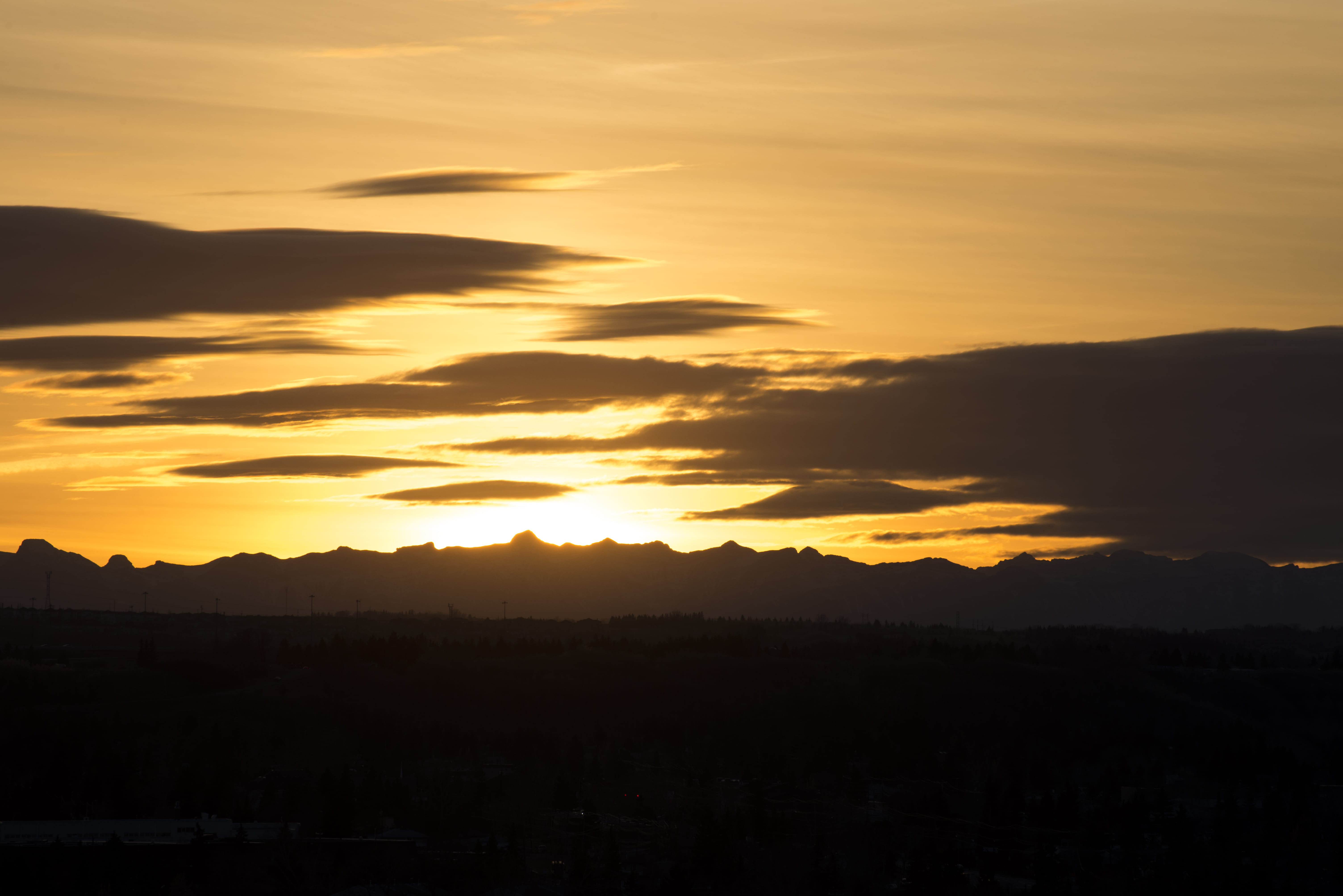 sunset, silhouette, mountains, clouds, orange, landscape, west