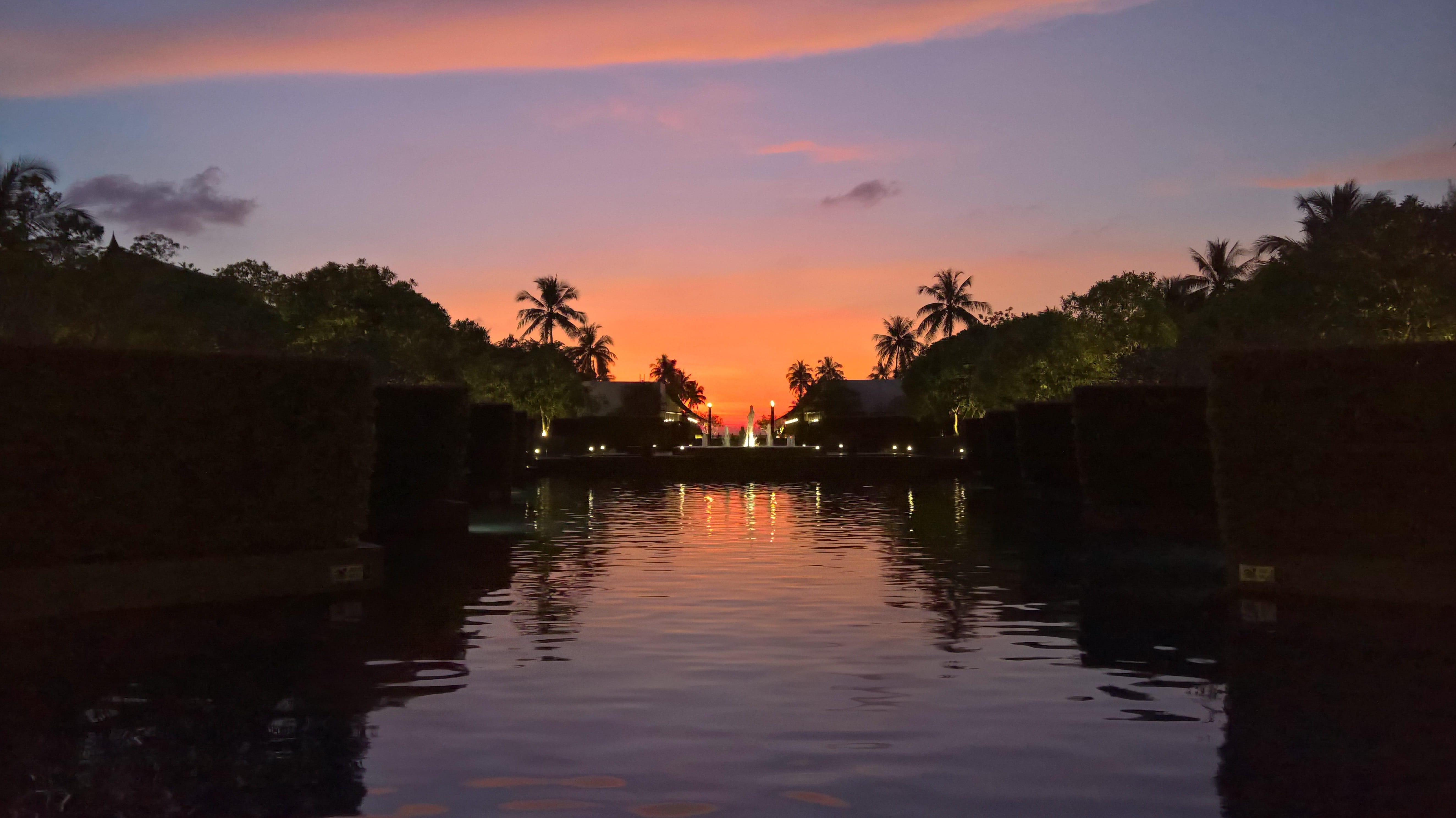 pool, sunset, reflection, clouds, water, sky, tree, waterfront