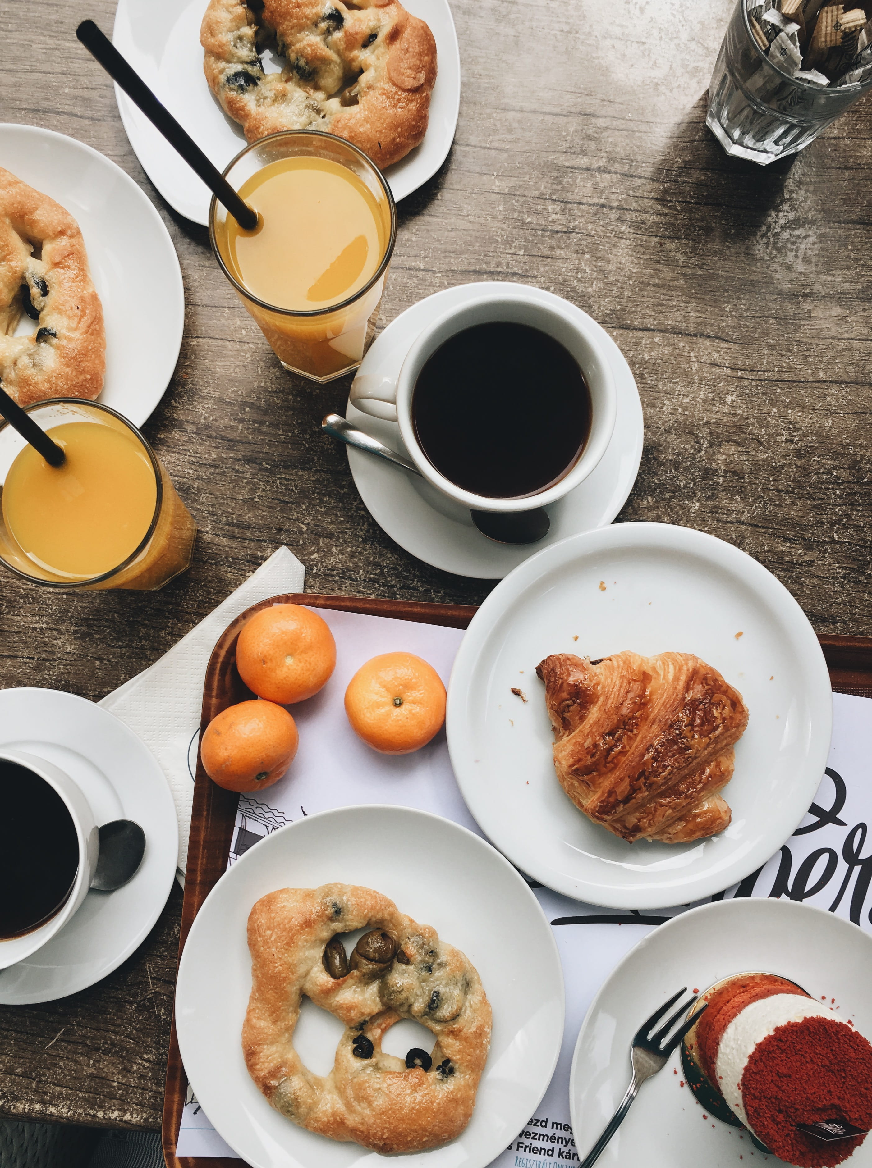 assorted bread with coffee and drinks, food and drink, table
