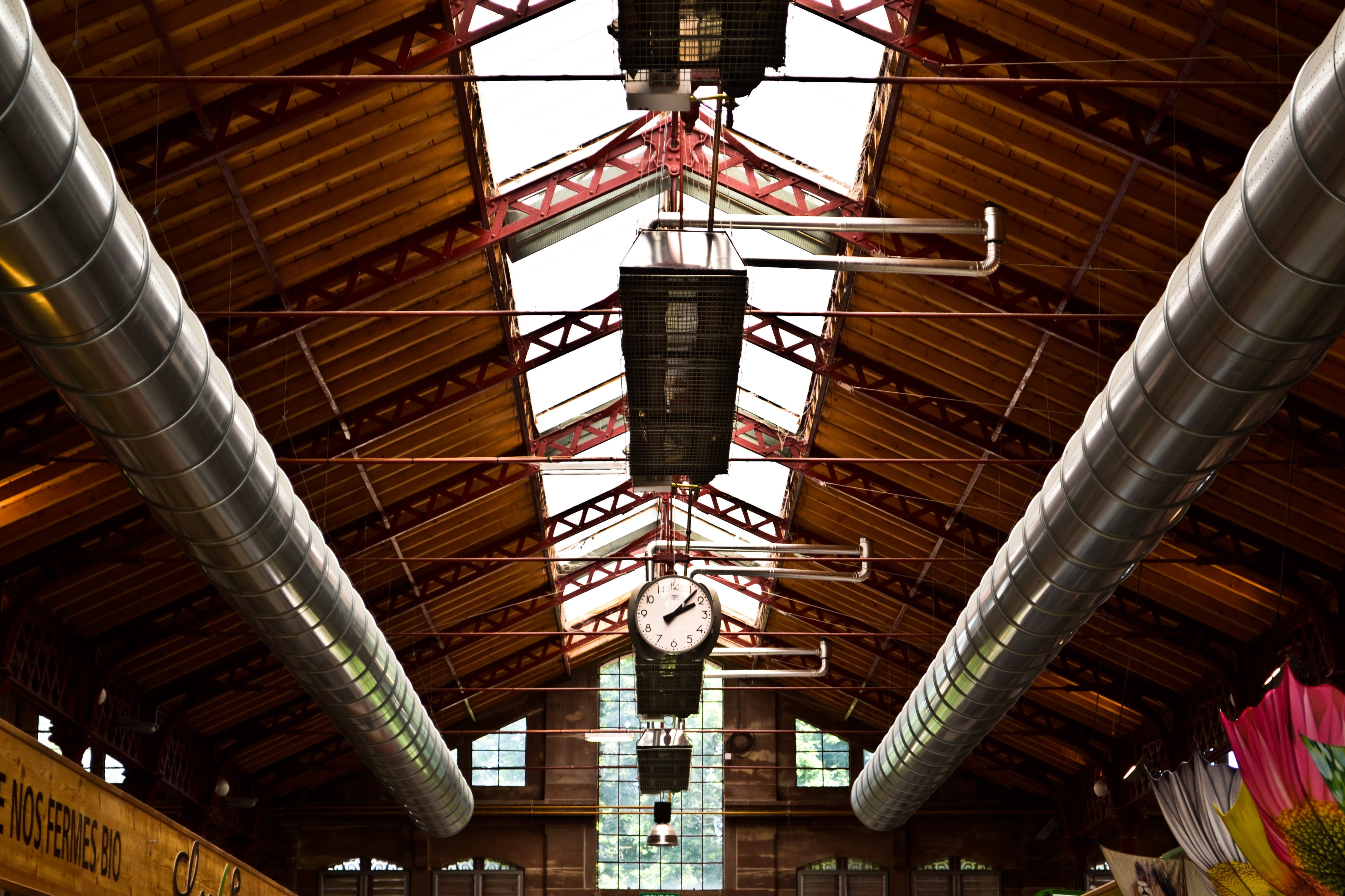ceiling, hall, clock, architecture, building, interior, structure