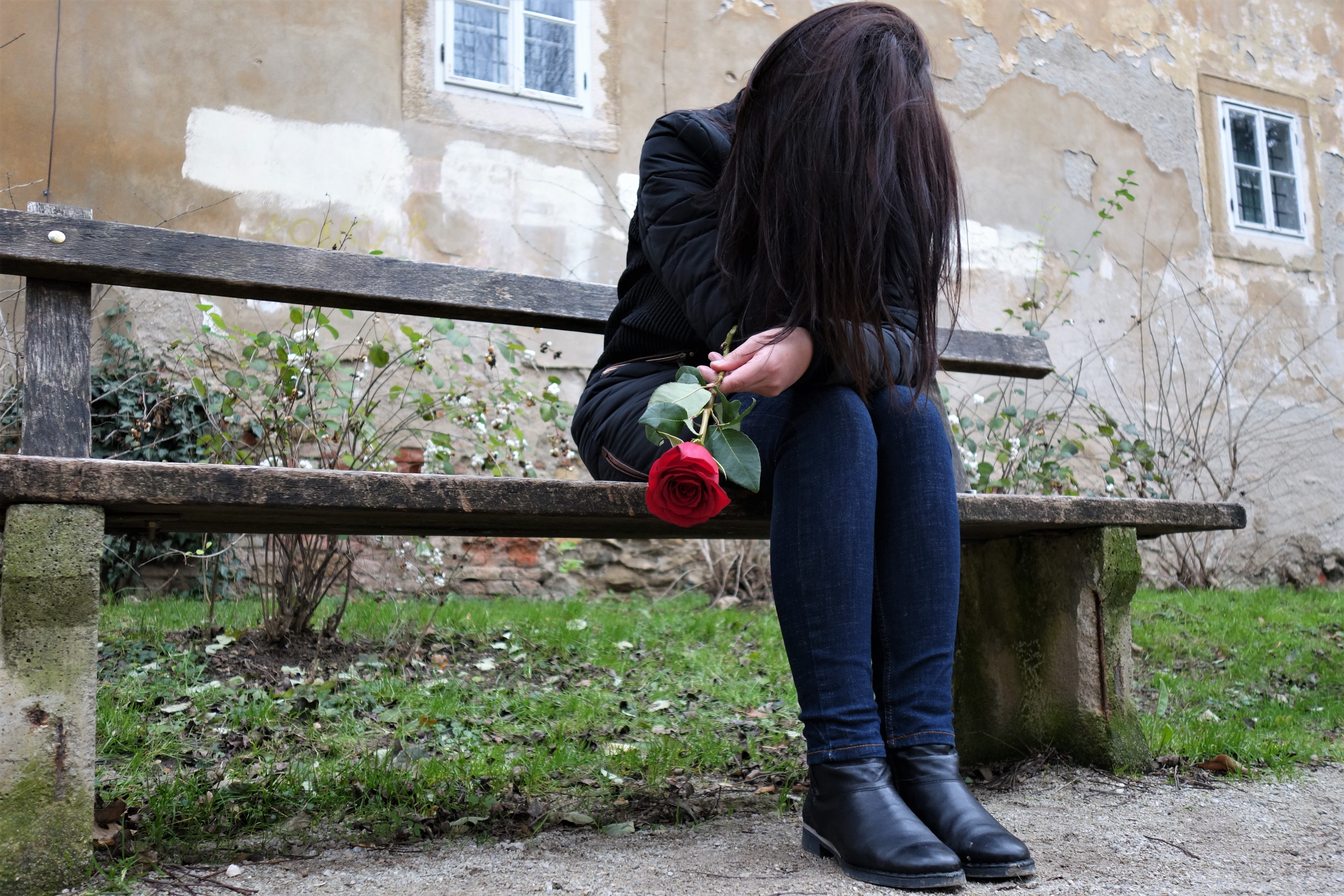 sad girl, red rose, lonely, depressive, bench, sitting, female model