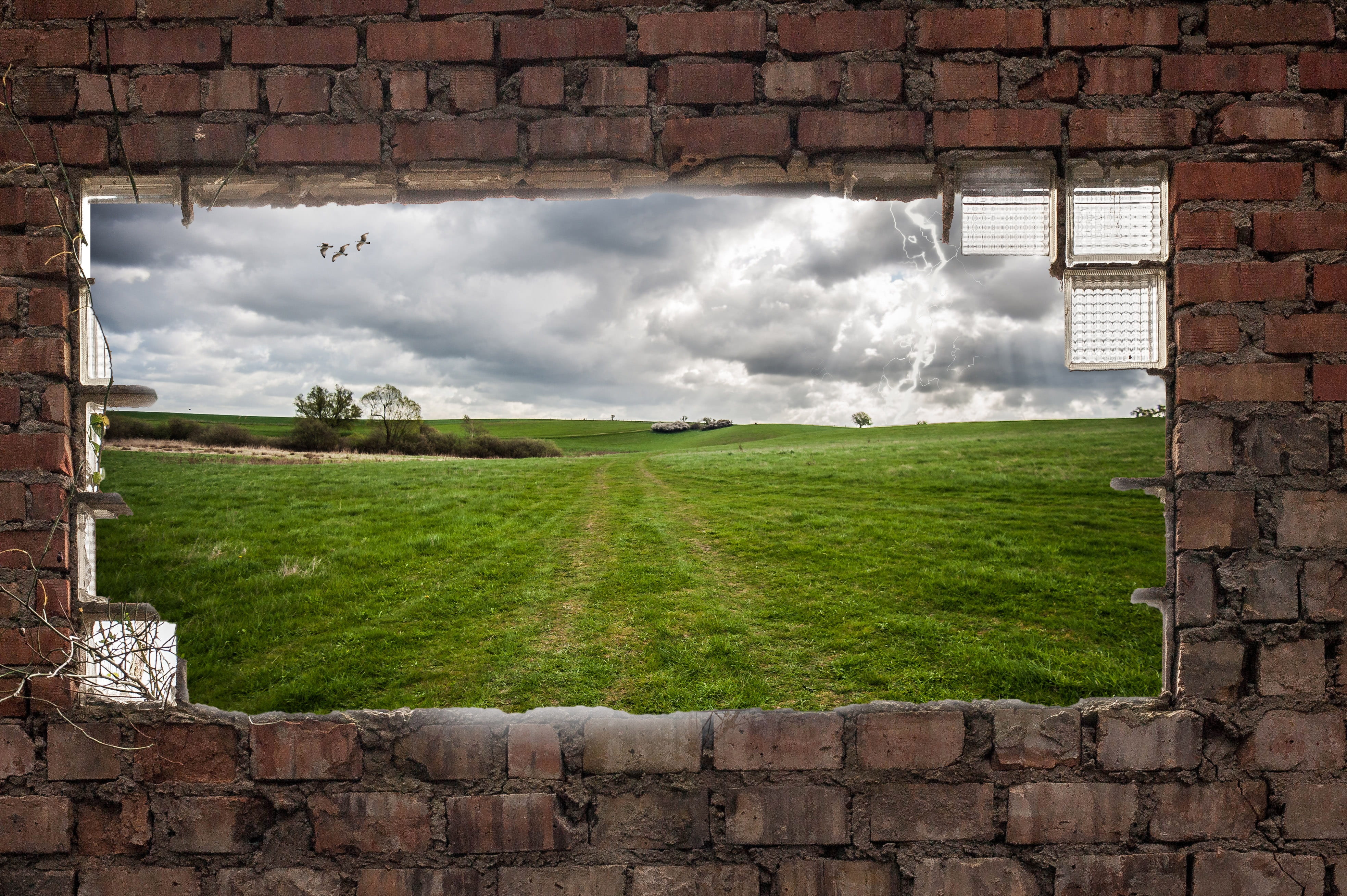 ruin, window, sky, dramatic, meadow, trees, cloud - sky, green color