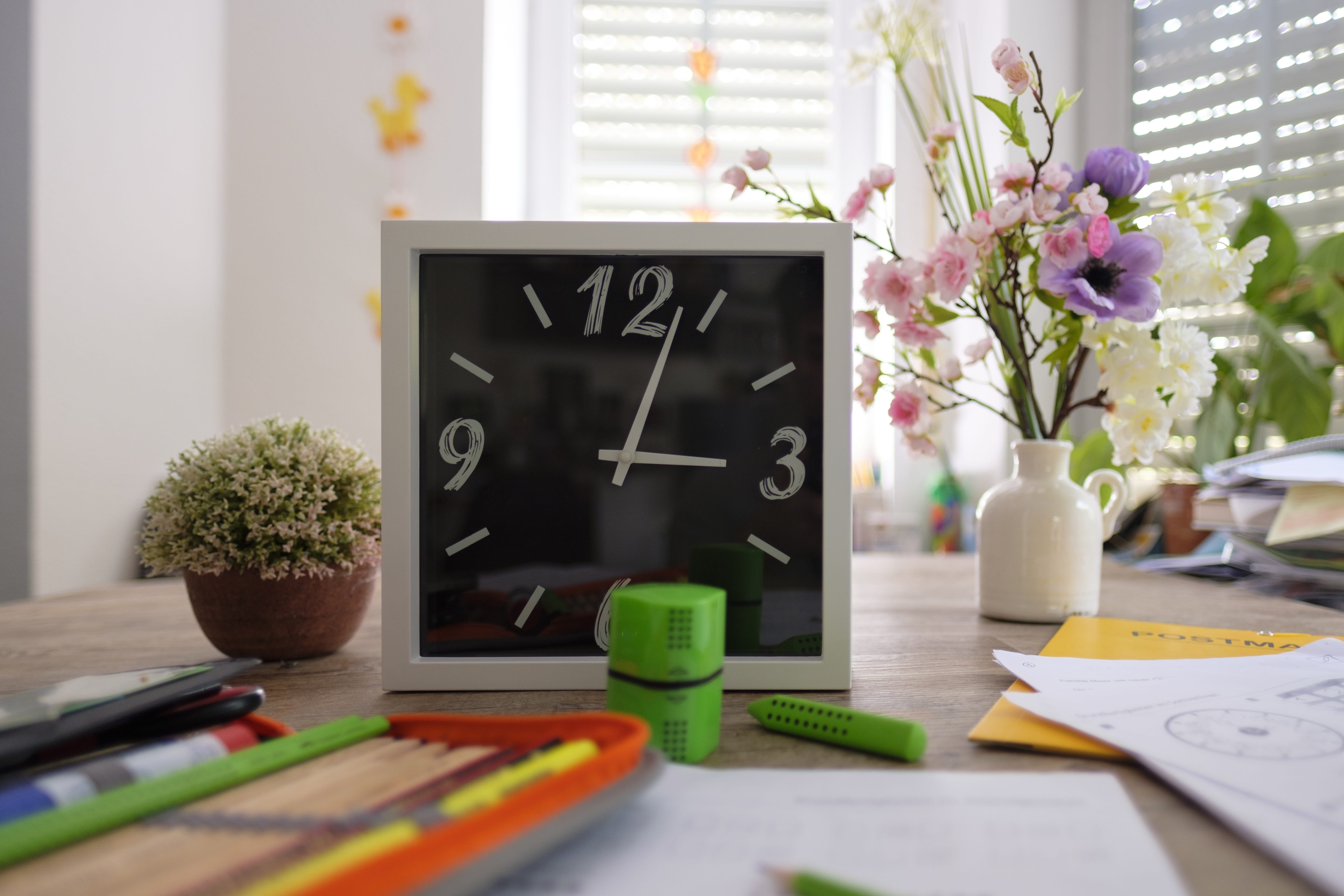 time, clock, pointer, clock face, school, learn, homework, desk