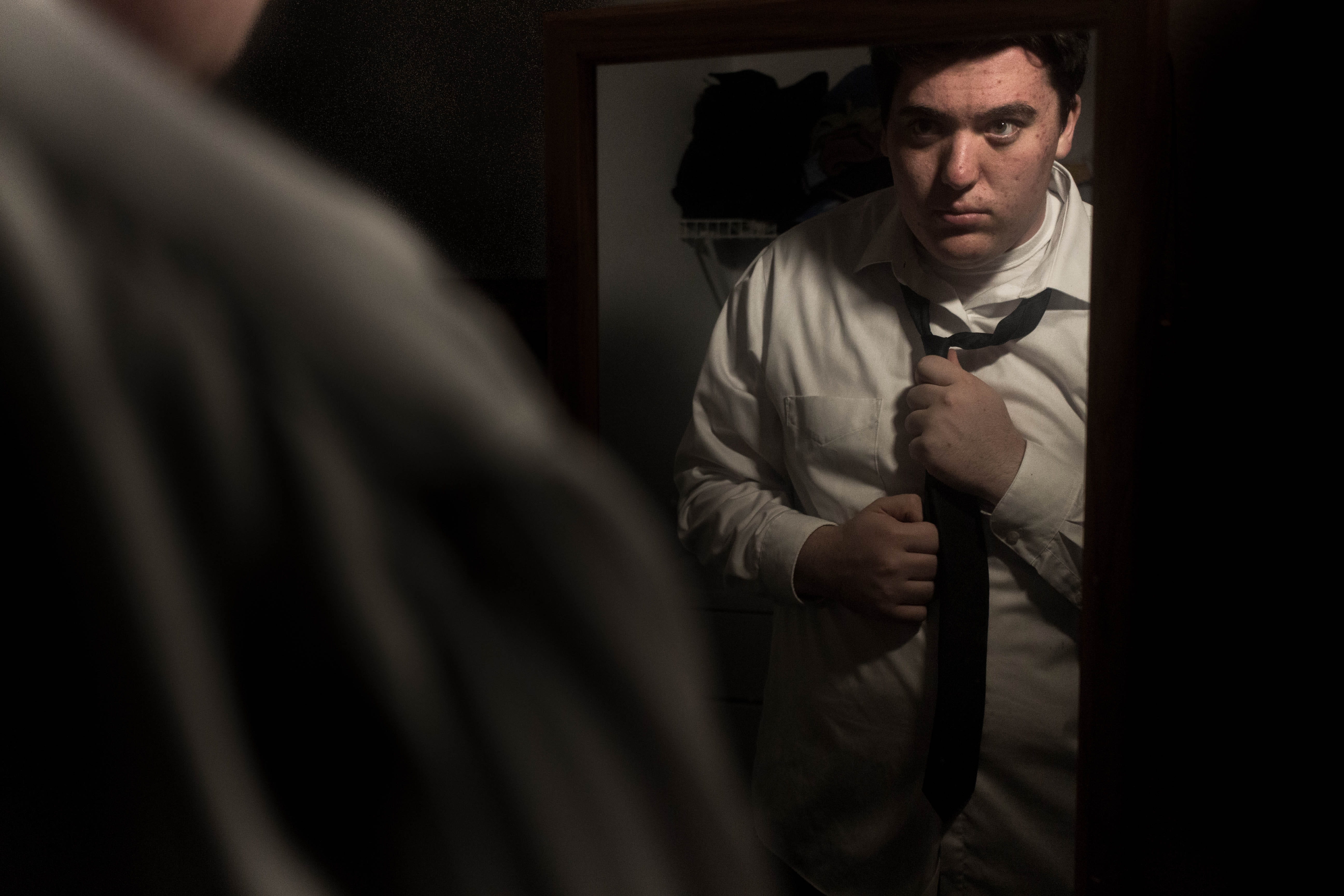 tie, office work, getting ready, mirror, dramatic, depression