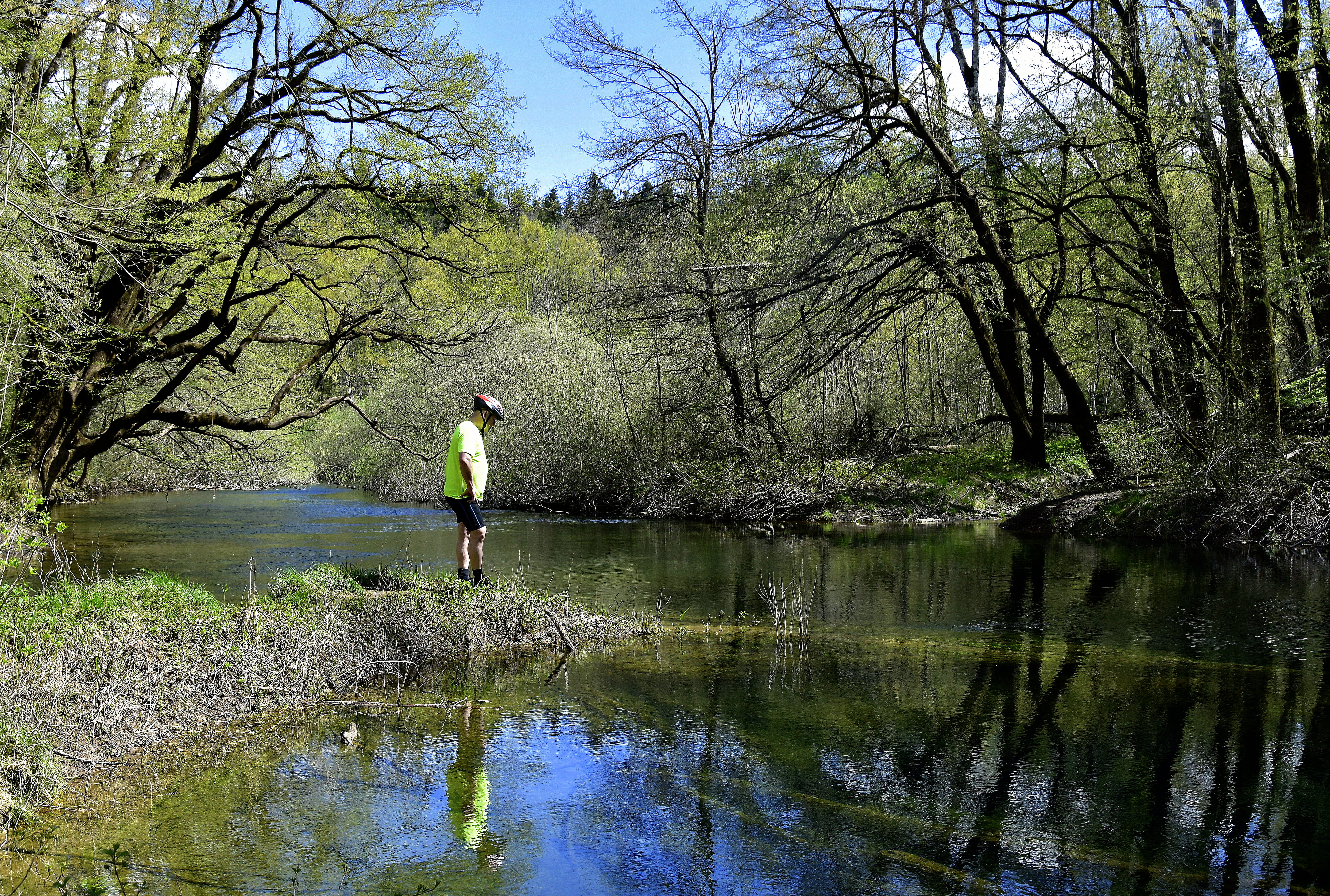 river, tree, water, real people, plant, one person, reflection