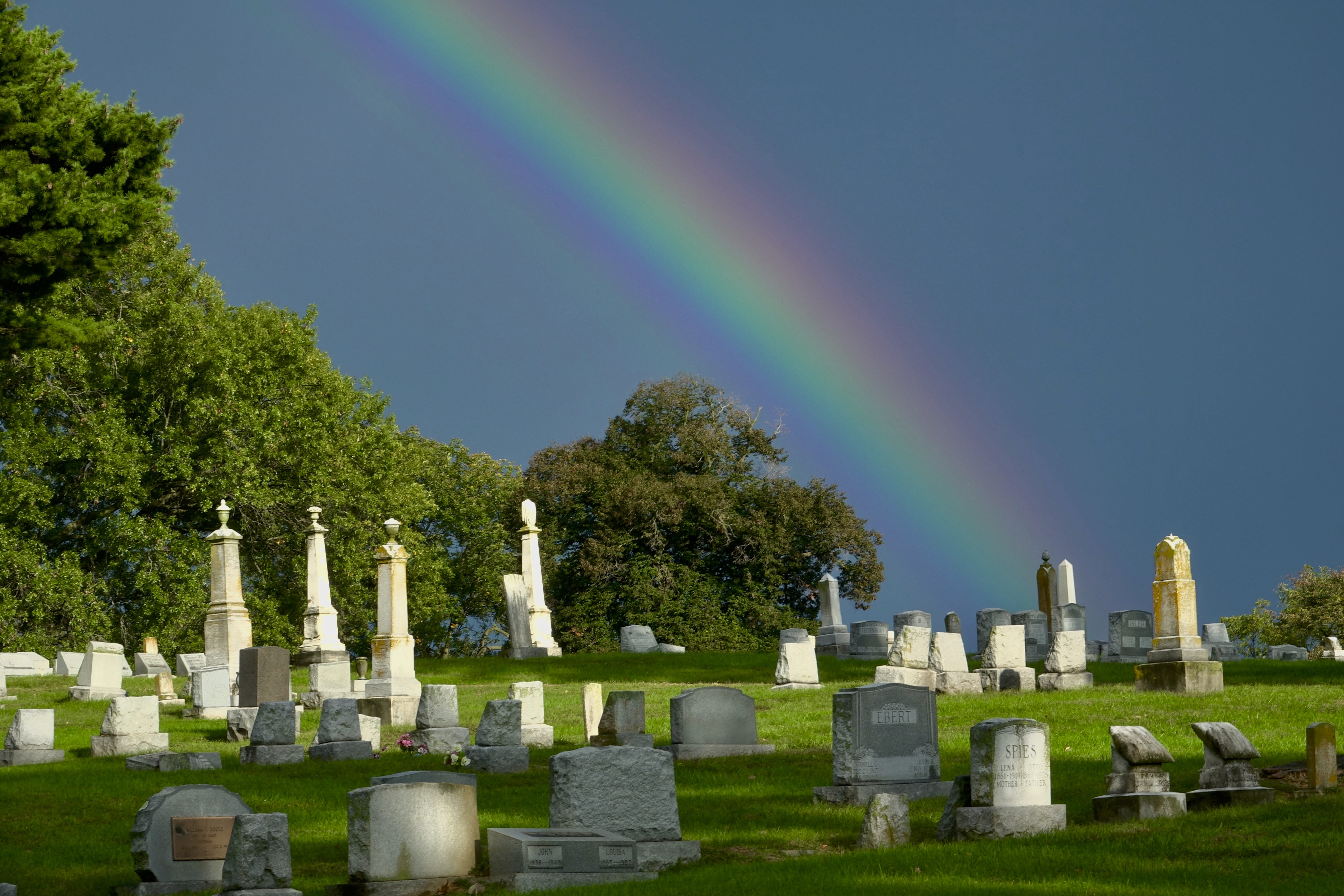rainbow, cemetery, sky, outside, tombstone, graves, graveyard