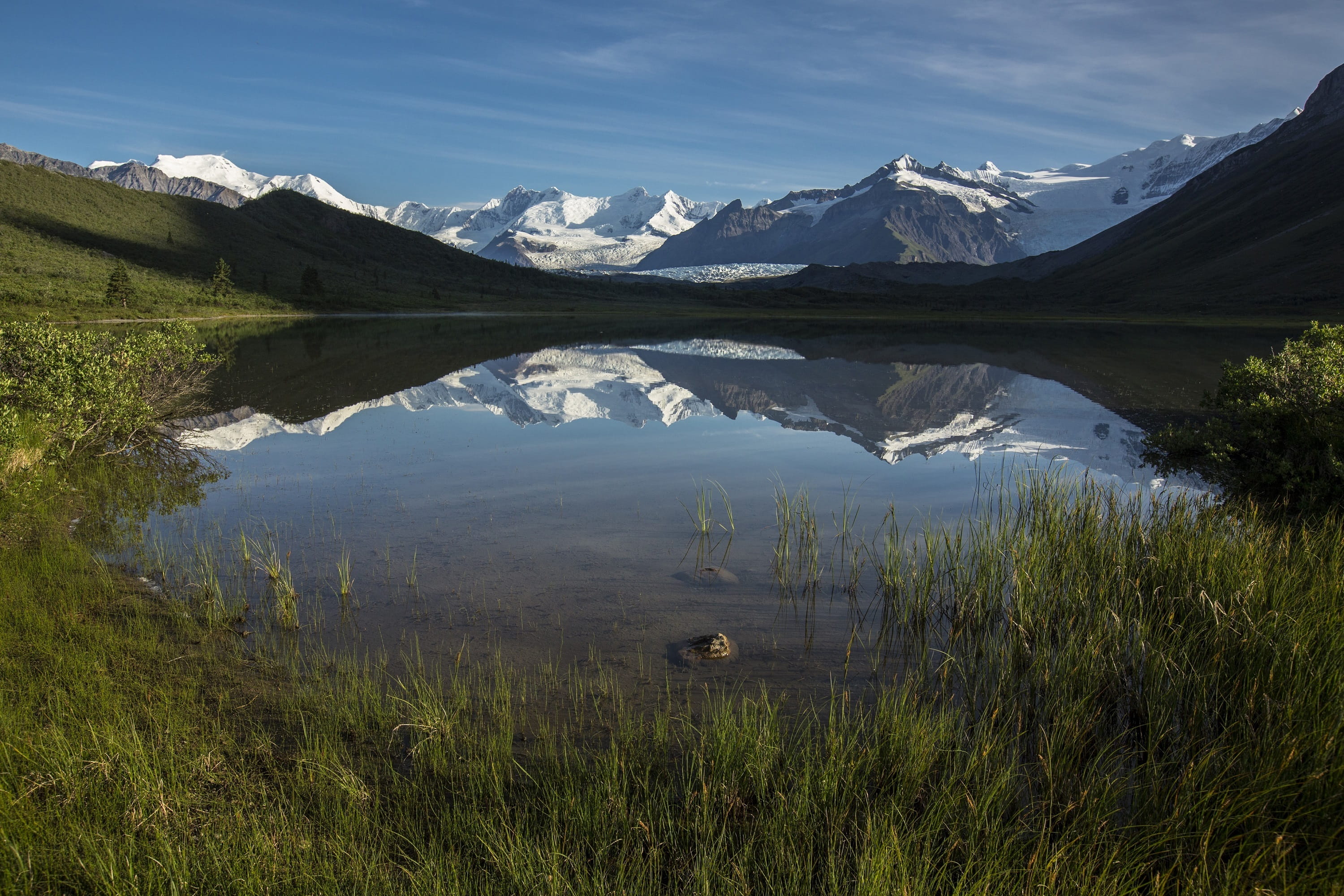 lake, calm, reflection, panorama, landscape, mountains, skyline
