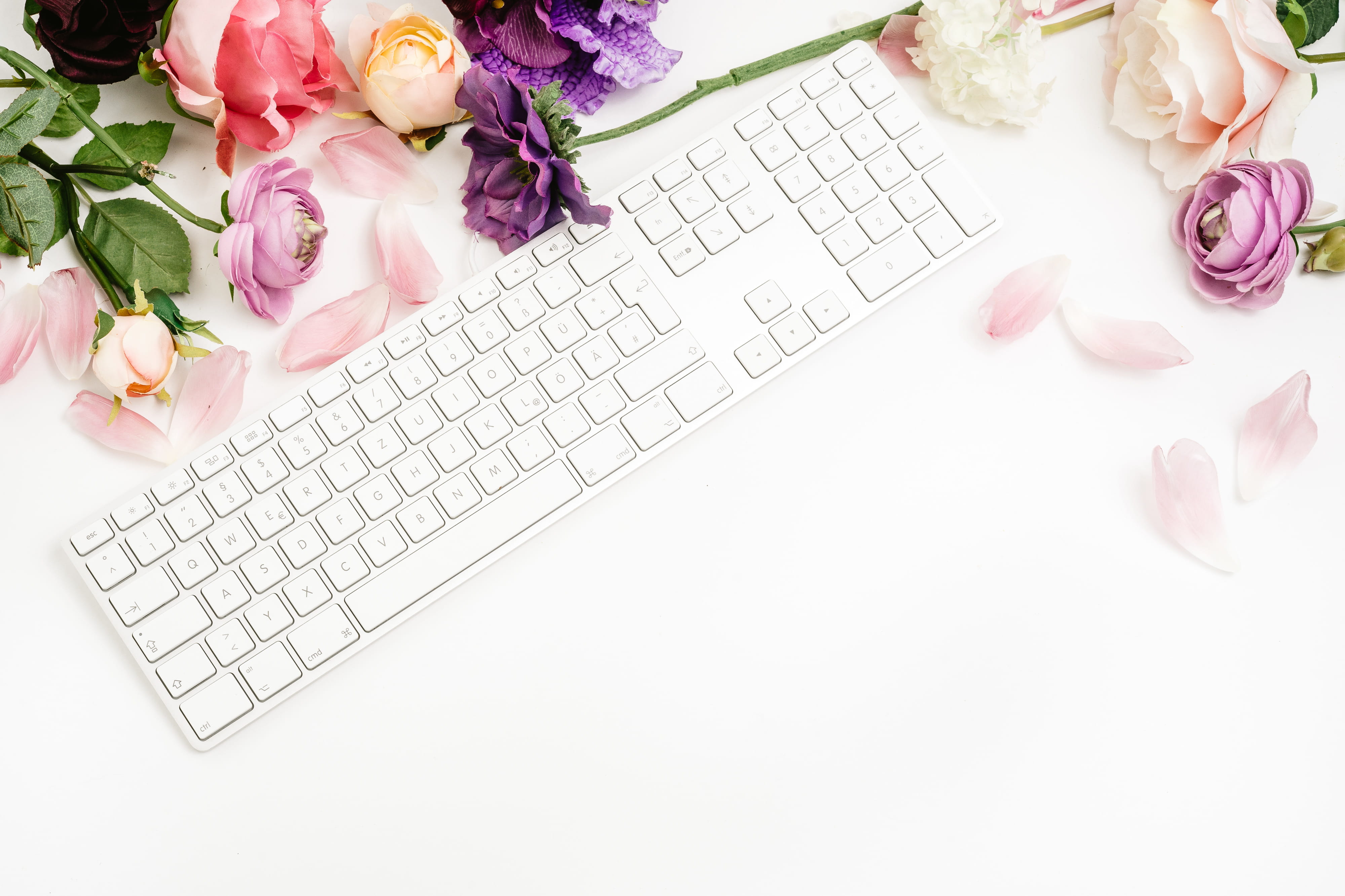 Flat lay with keyboard and flowers, background, blog, business