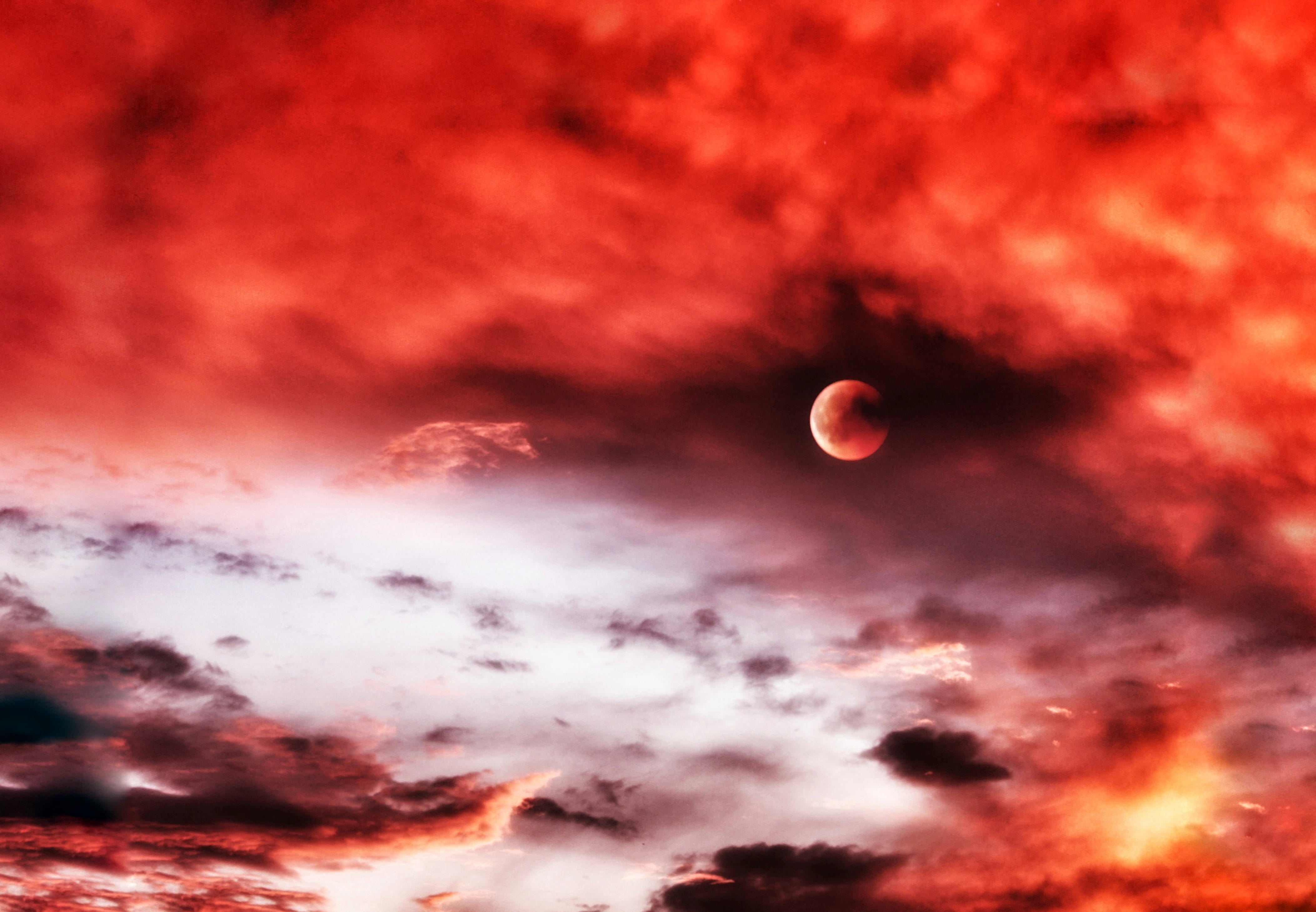 blood moon, 2018, lunar eclipse, dusk, panorama, evening, clouds