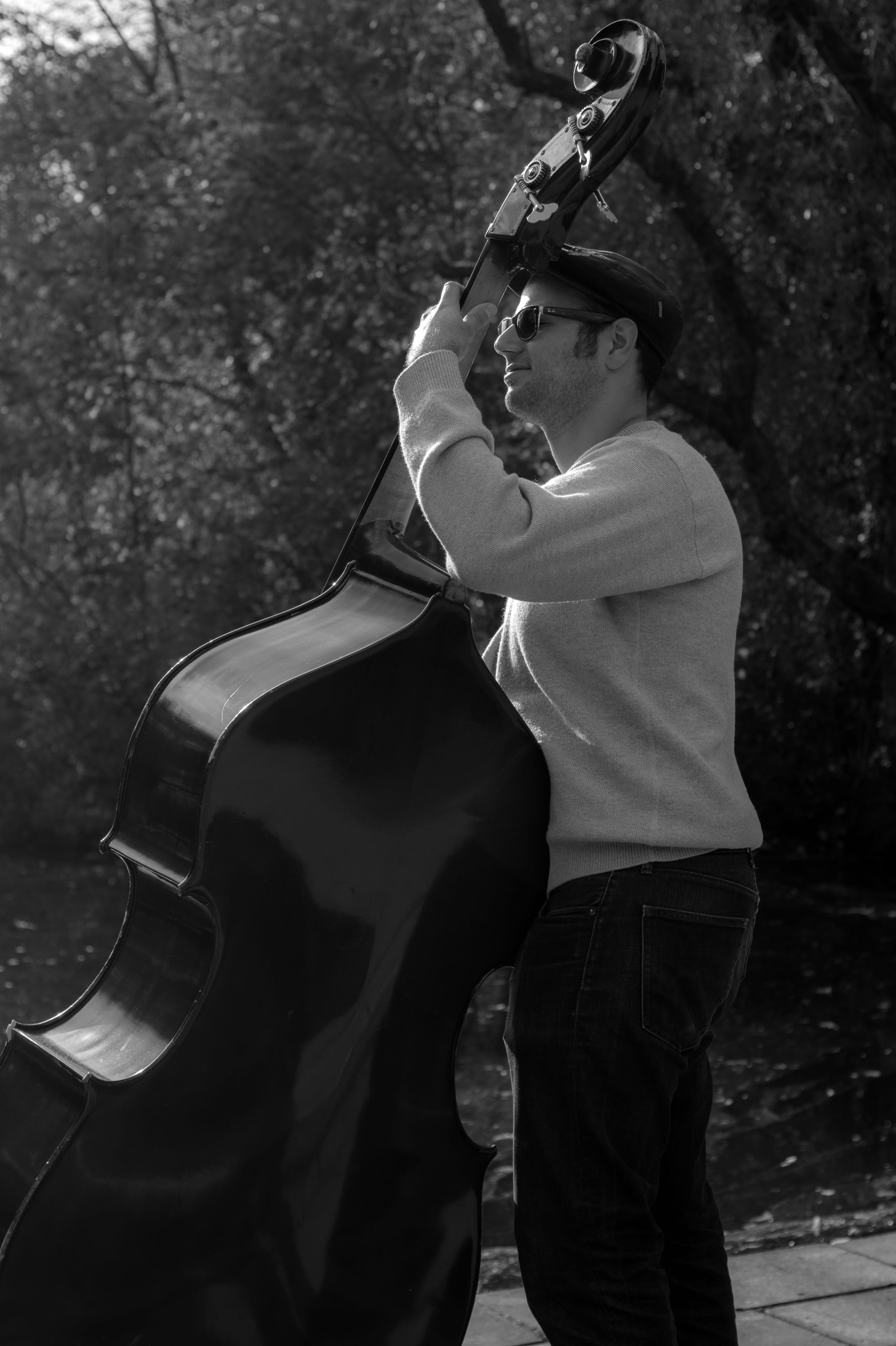 Grayscale Photography of Man Playing Cello, black-and-white, contrabass
