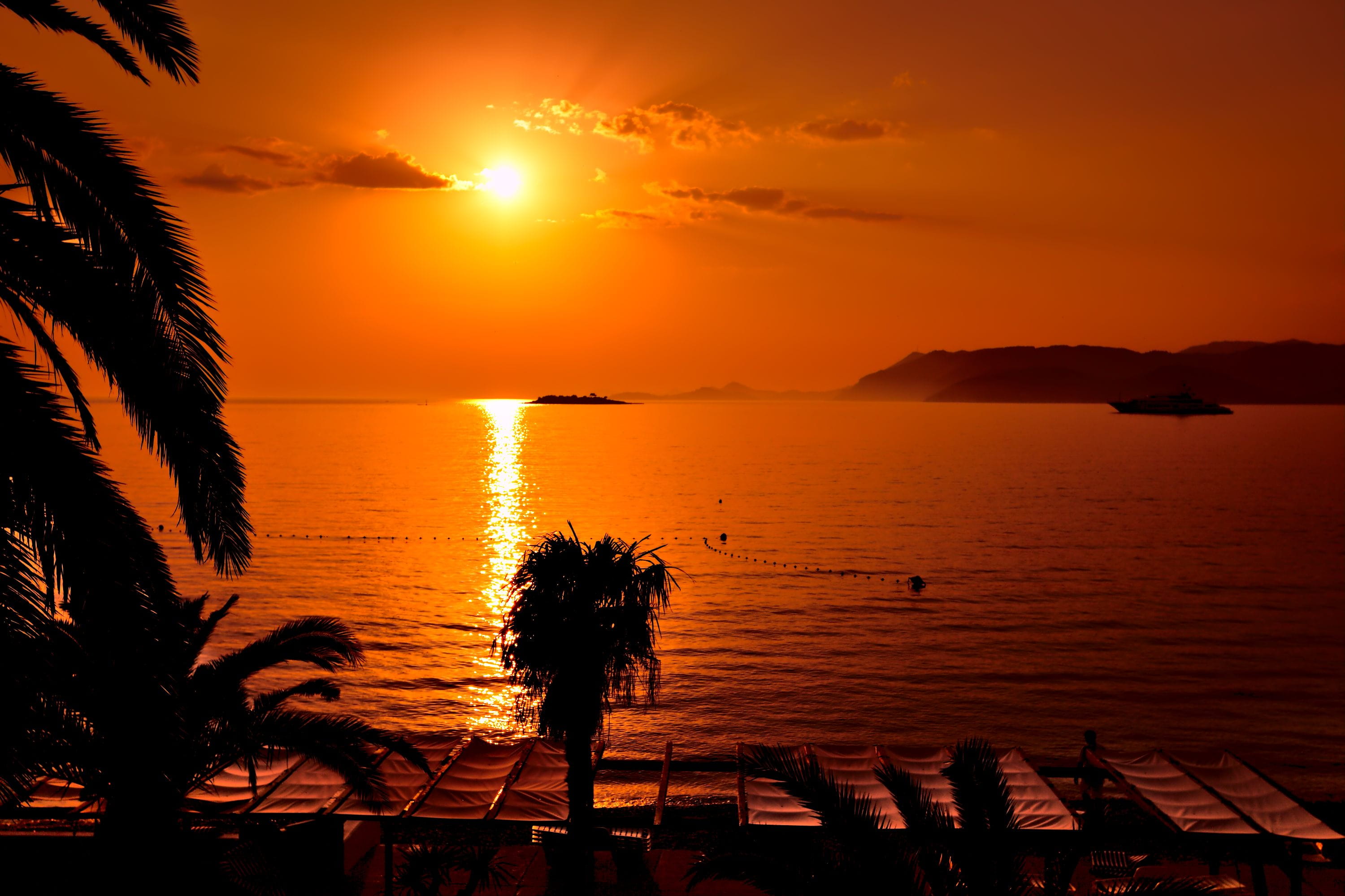 croatia, cavtat, hotel cavtat, boat, island, sunset, orange