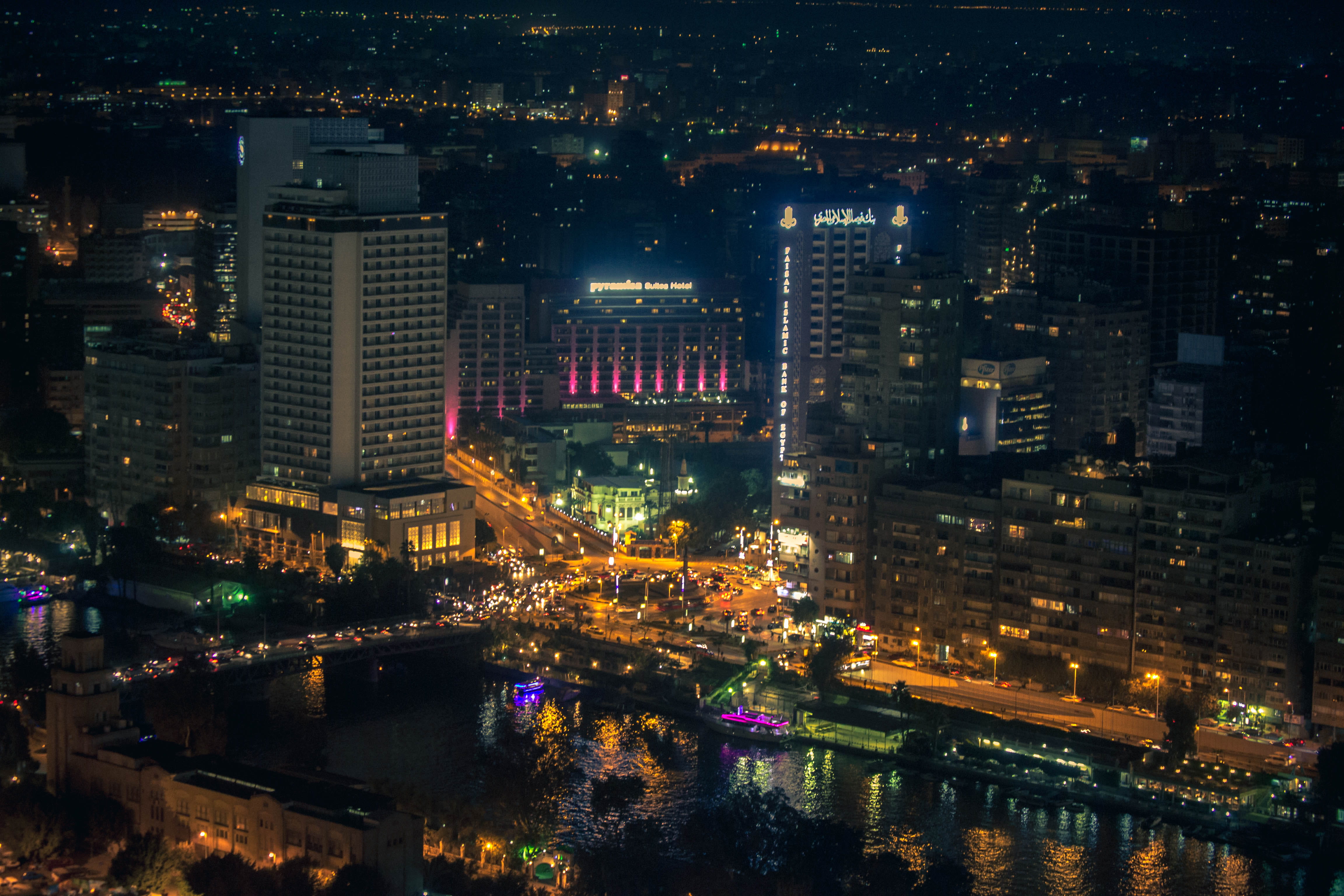 egypt, cairo, building, night, nightly, giza, street, illuminated