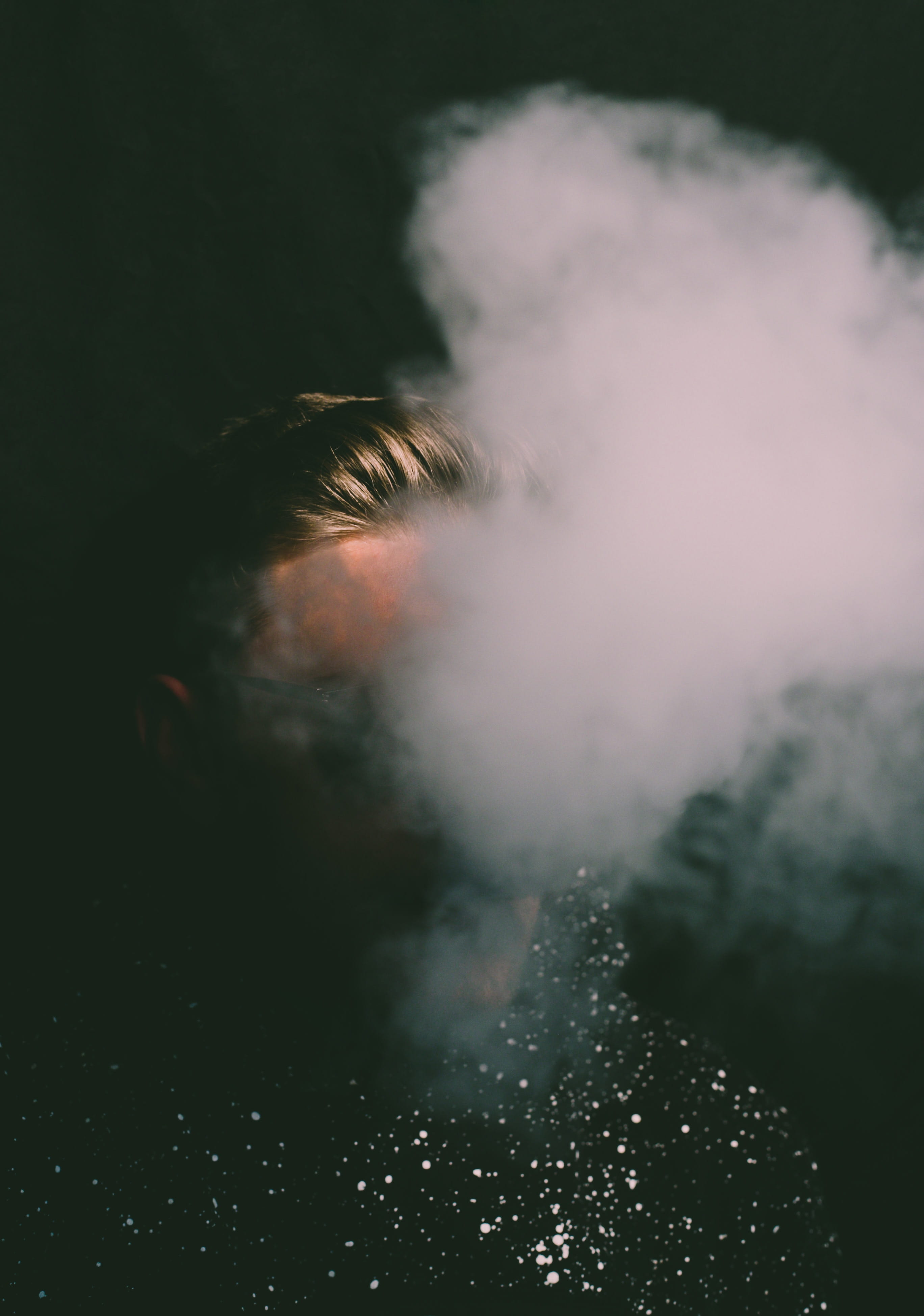 White Smoke in Dark Background, close-up, faceless, fog, hair