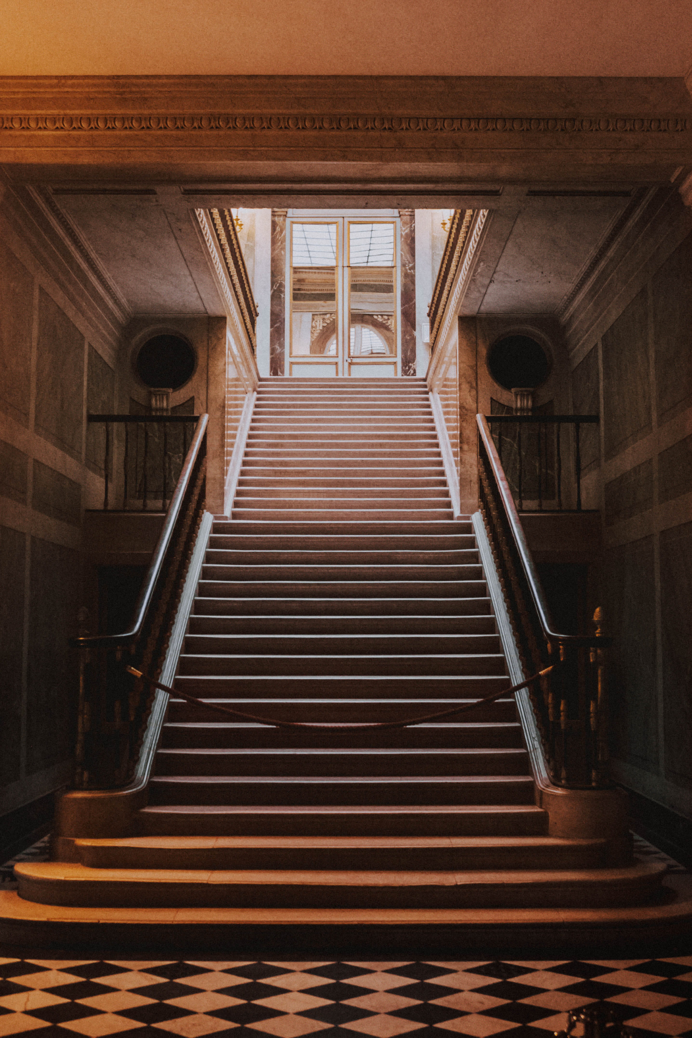 empty hallway through staircase, architecture, built structure