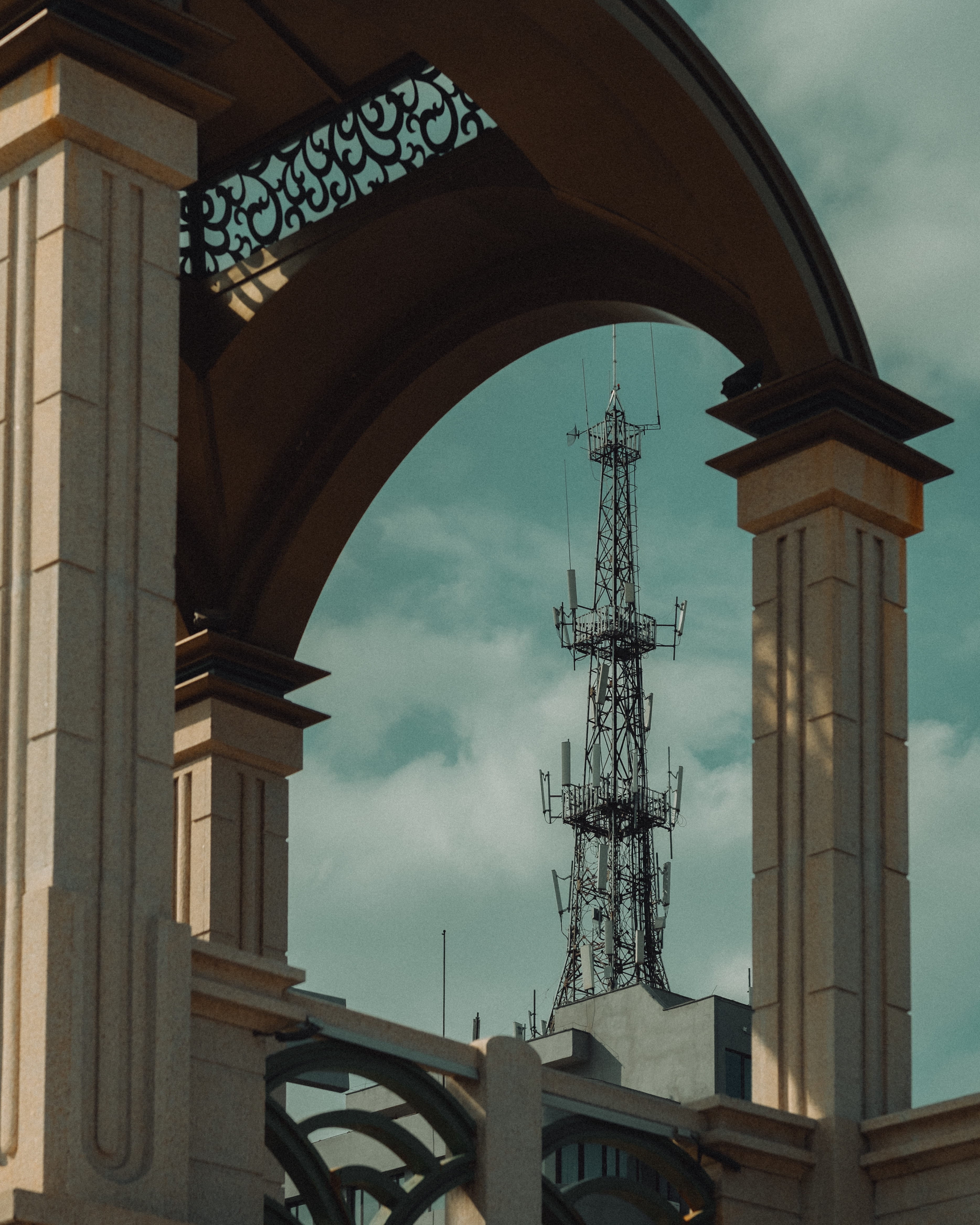sky, clouds, tower, dome, pillar, architecture, building, composition