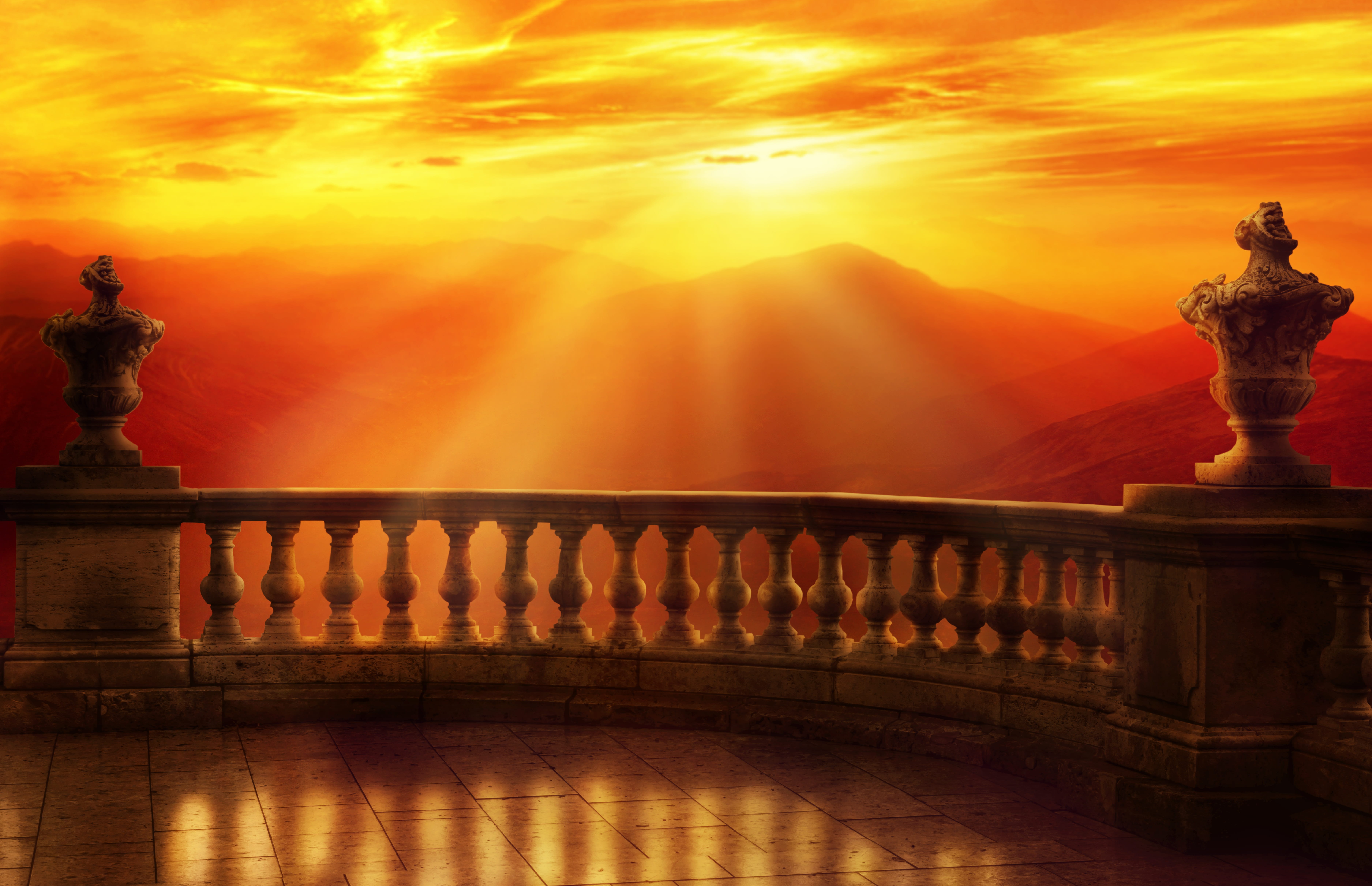 sunset, mountains, landscape, balcony, antique, background