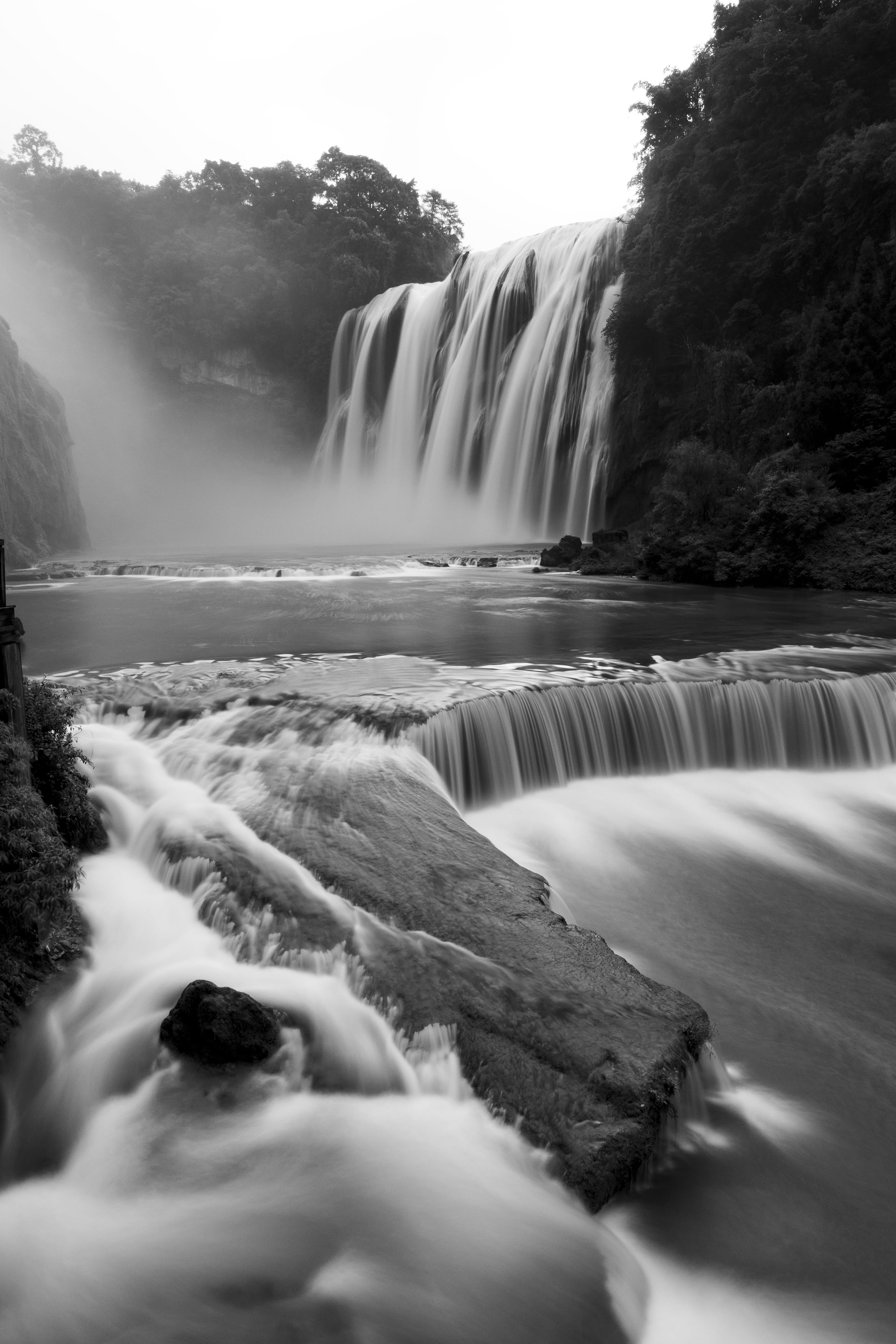 grayscale photography of waterfall, outdoors, nature, river, huangguoshu waterfall
