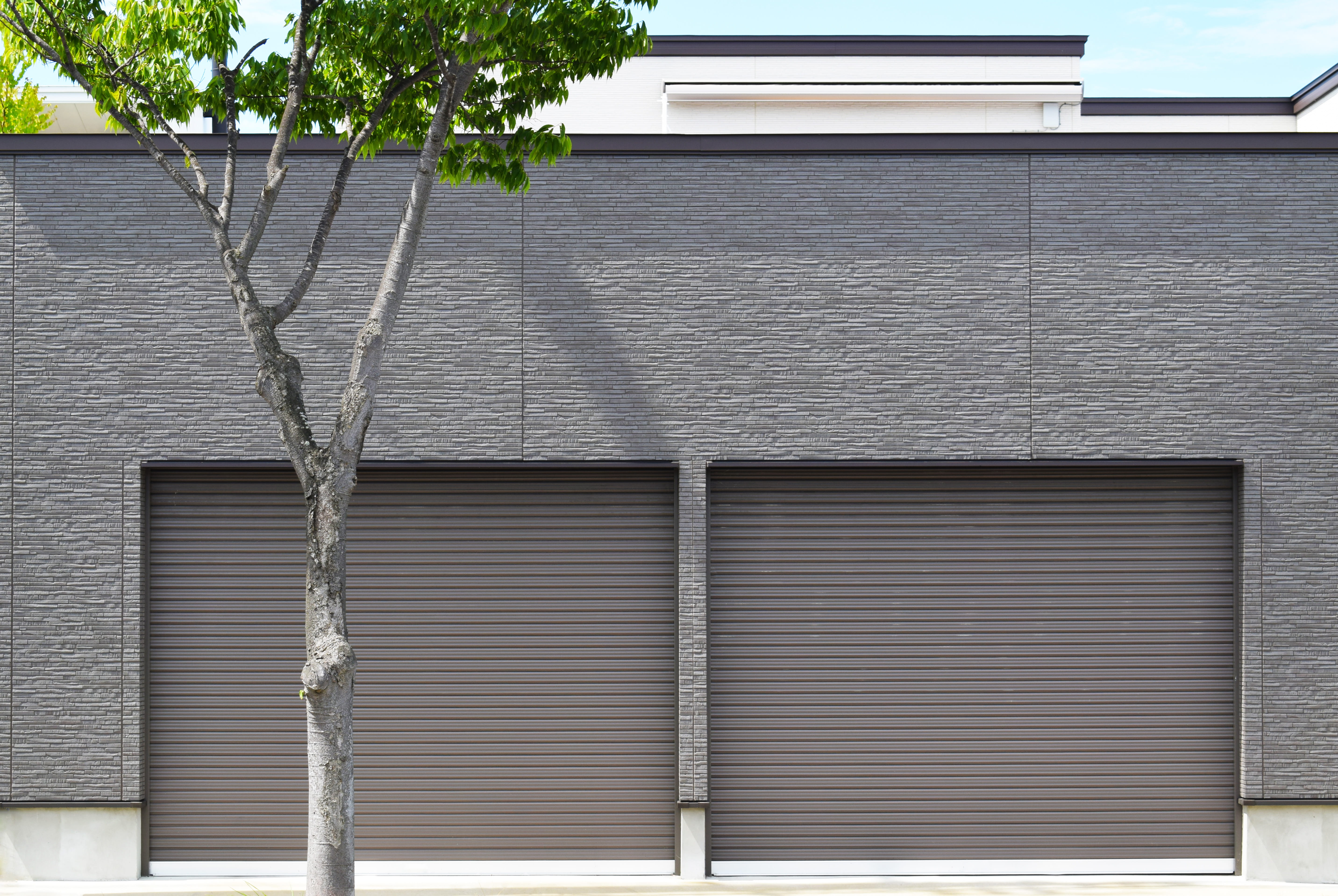 closed gray roller shutters, tree, japan, grey, wall, minimal