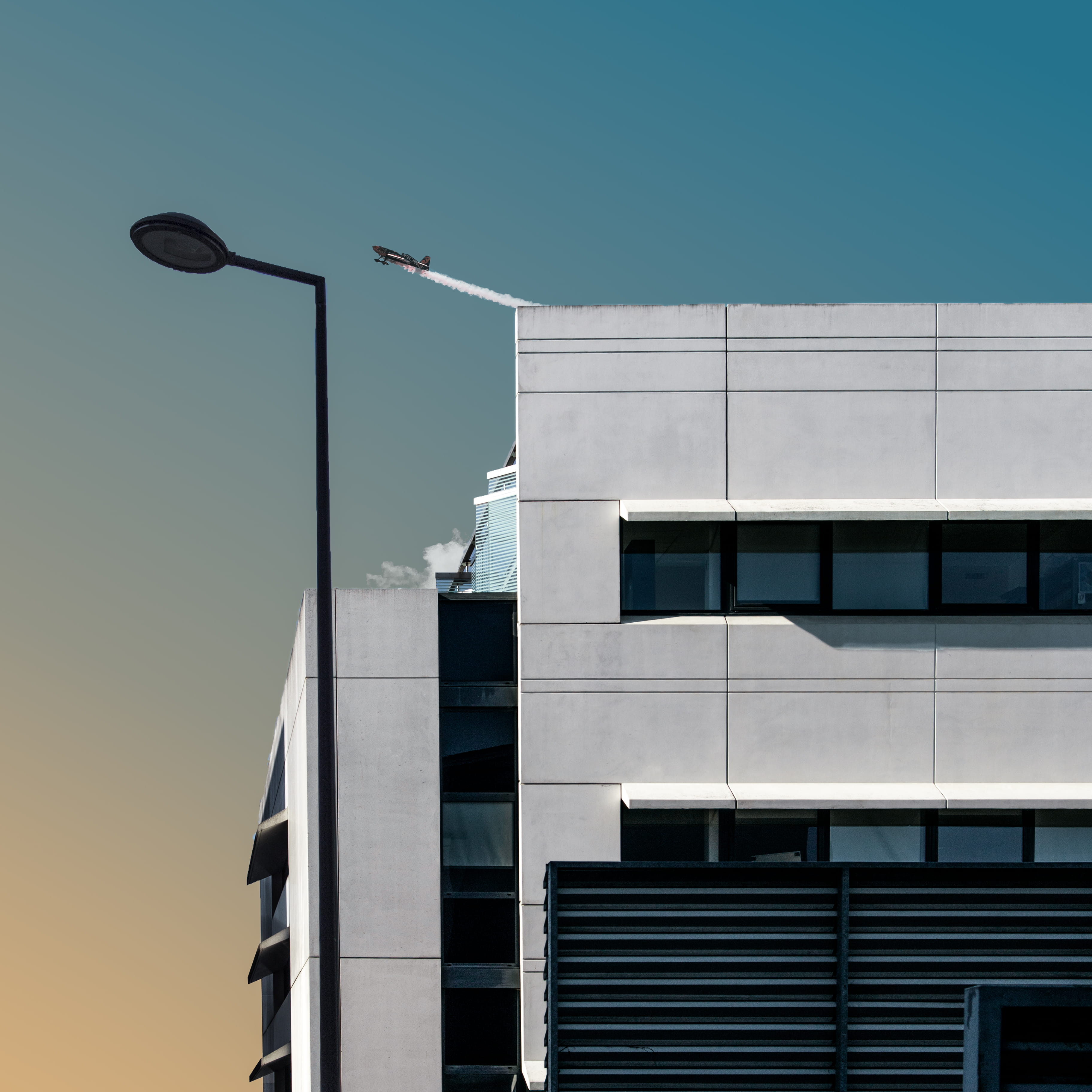 plane in flight, building exterior, built structure, architecture