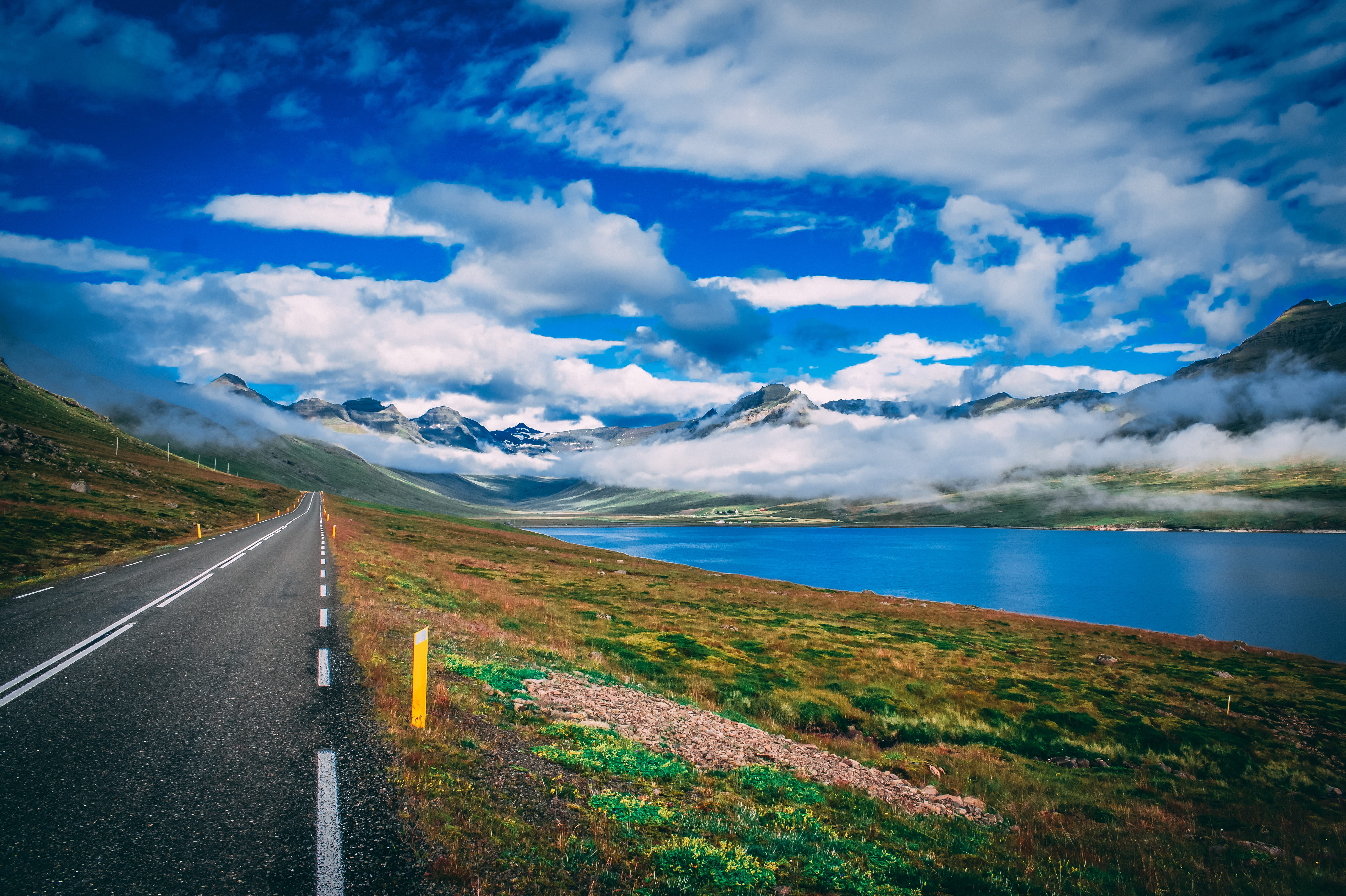 Gray Concrete Road, blue sky, cloud, clouds, daylight, grass