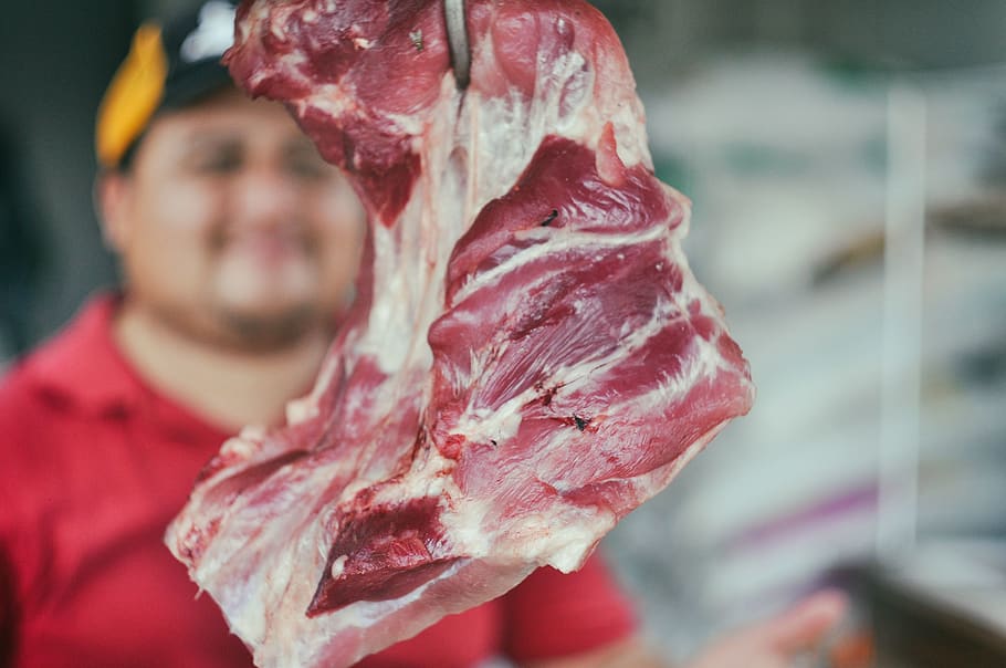hanged raw meat, one person, food and drink, adult, freshness HD wallpaper