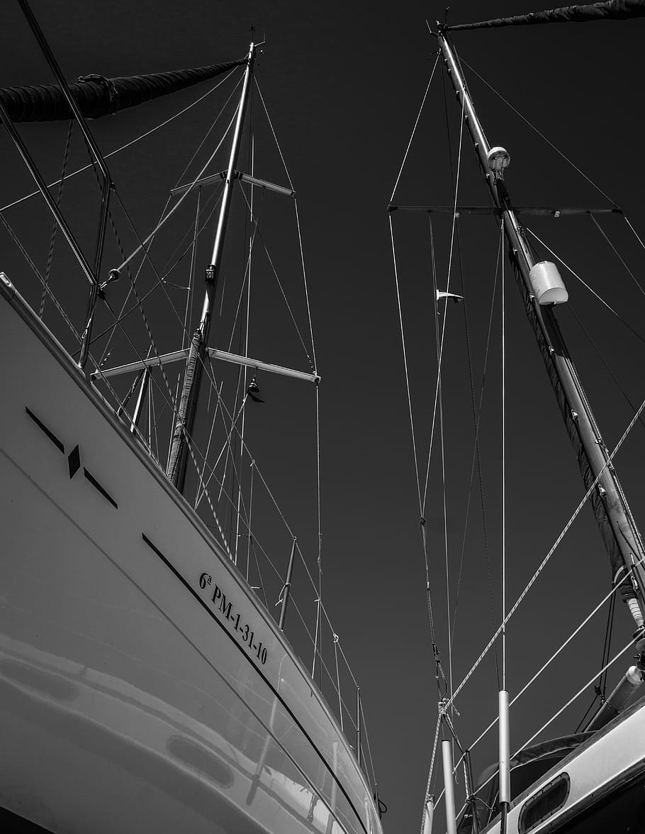 leisure, sport, sail, sail masts, rigging, perspective, black and white, HD wallpaper