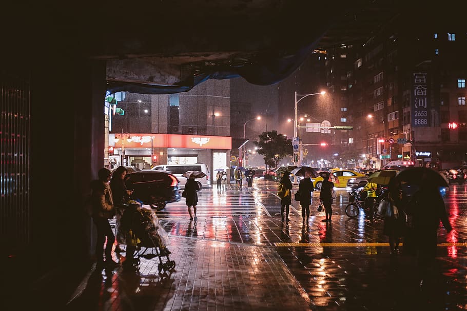 group of people walking on sidewalk during nighttime, person