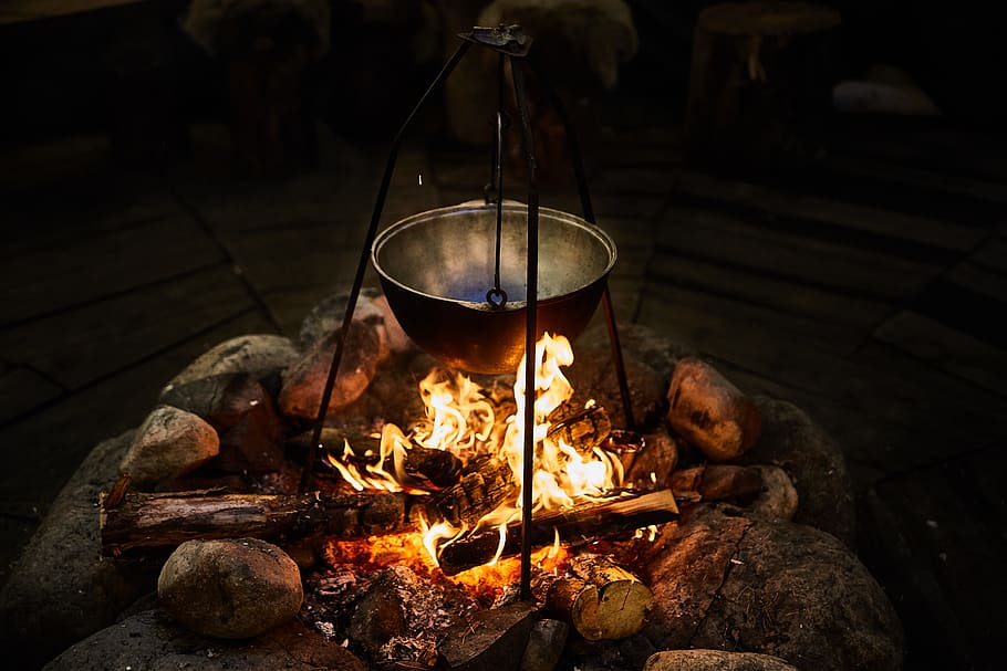 Bonfire, campfire, cooking, firewood, flame, pot, burning, fire - natural phenomenon, HD wallpaper