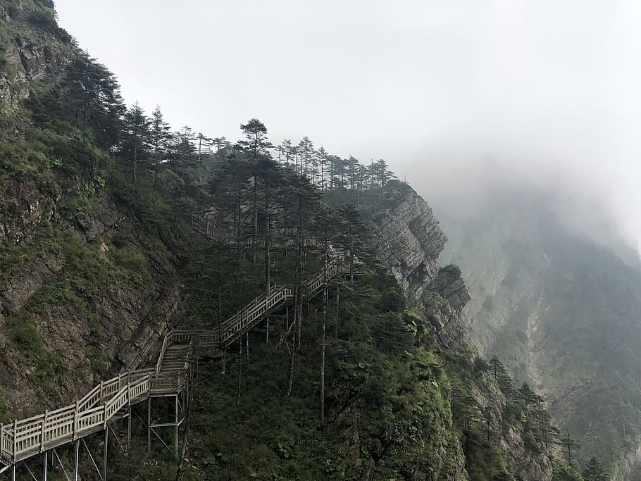 staircase beside mountain, nature, outdoors, path, bridge, building HD wallpaper