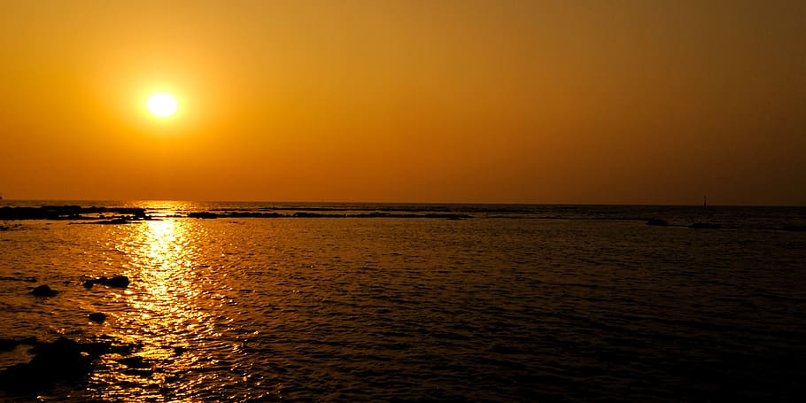 nature, sunset, beach, background, water, sky, sea, horizon HD wallpaper