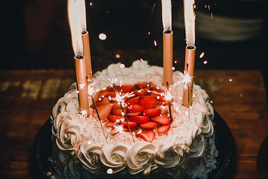 Lighted Candles on White Icing-covered Cake, birthday, birthday cake, HD wallpaper
