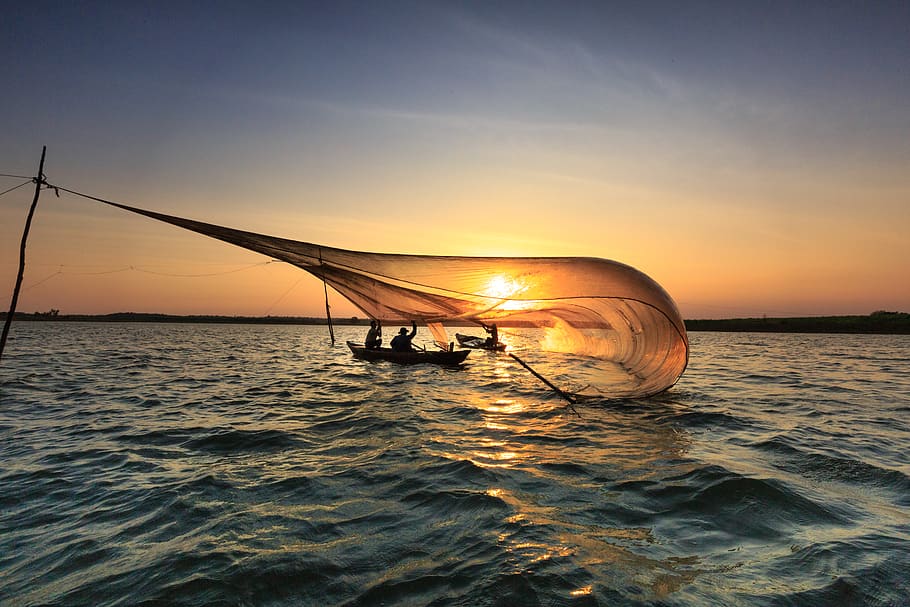 Men On Boat Catching Fish With Net During Golden Hour, dawn, dusk HD wallpaper