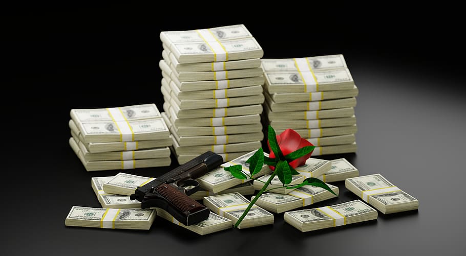money, gun, rose, romance, cash, dollars, rebel, love, concept, HD wallpaper