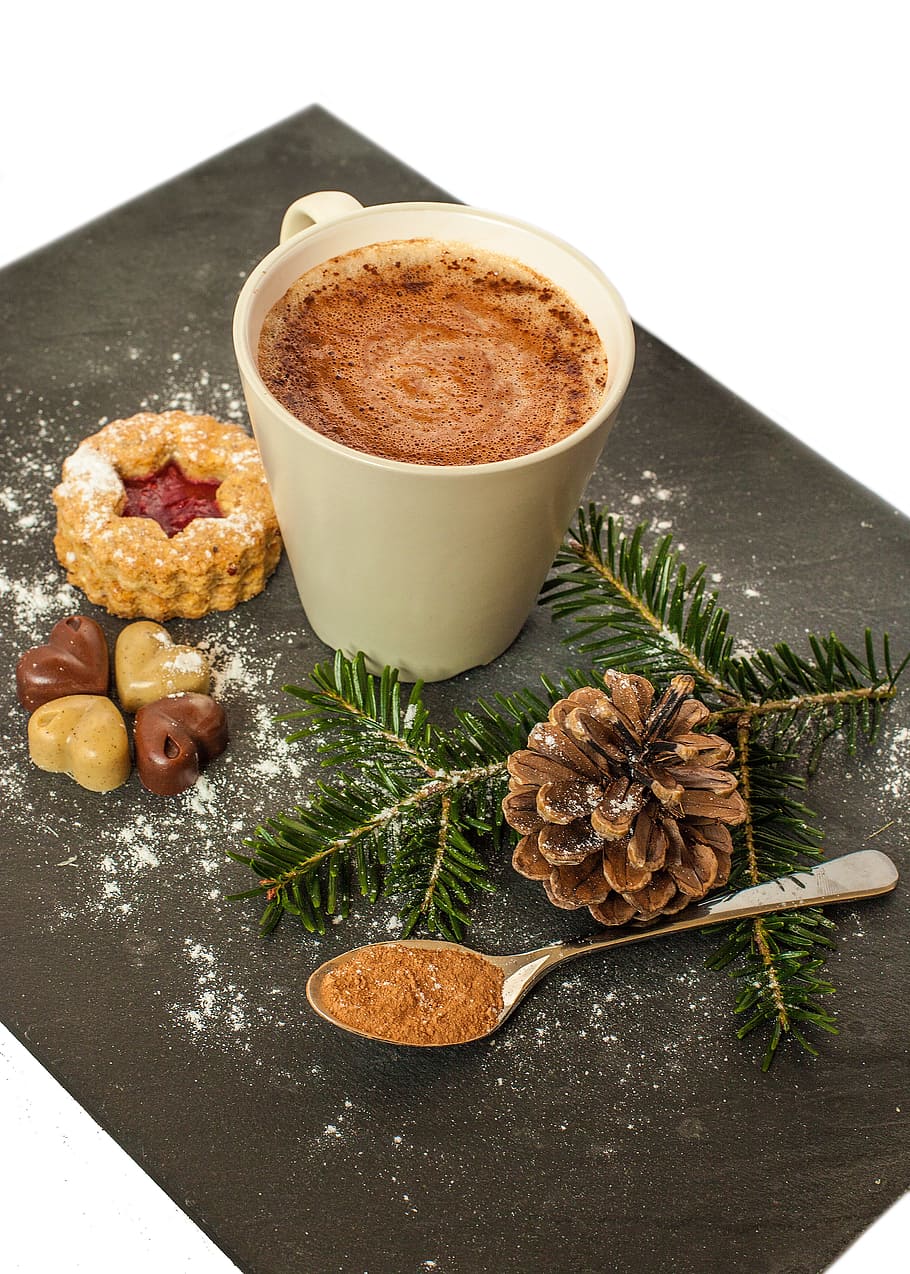 White Ceramic Mug With Brown Liquid and Pine Cone, chocolate HD wallpaper
