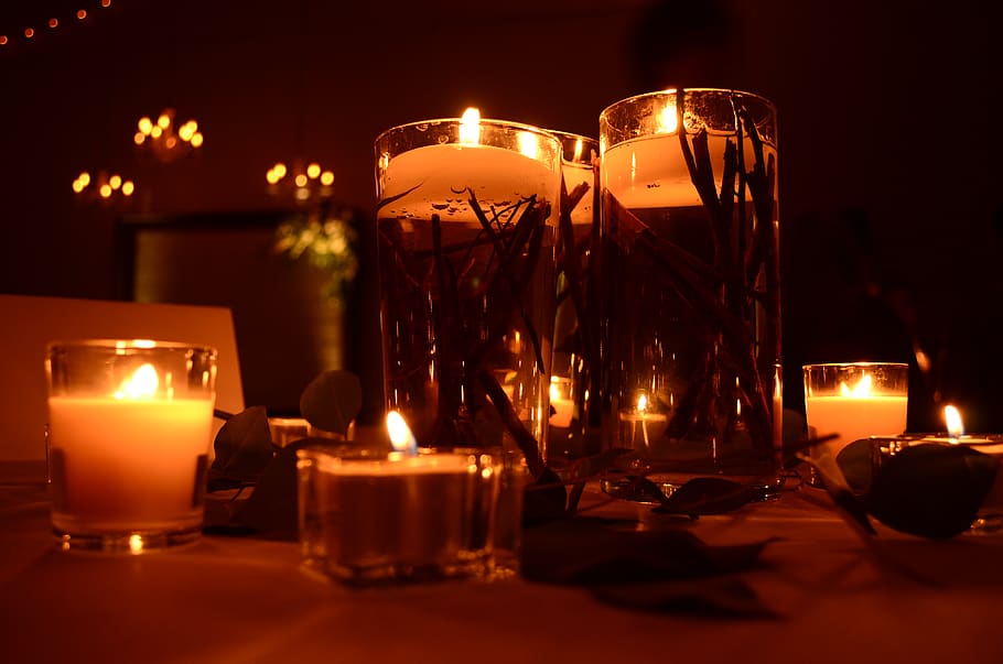 candle, fire, wedding, center, wood, sticks, table top, flame