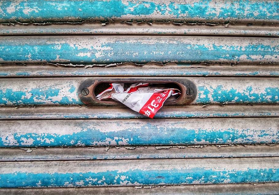 blue metal door shutter, drink, beverage, coke, hole, outdoors HD wallpaper