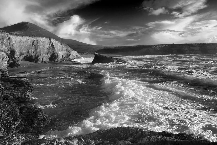 surf, beach, cloud, monochrome, black and white, wafe, ocean HD wallpaper