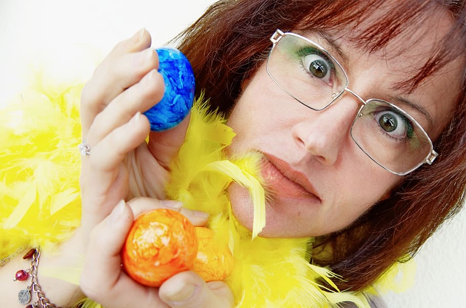 woman, easter, easter eggs, person, funny, colorful eggs, spring HD wallpaper