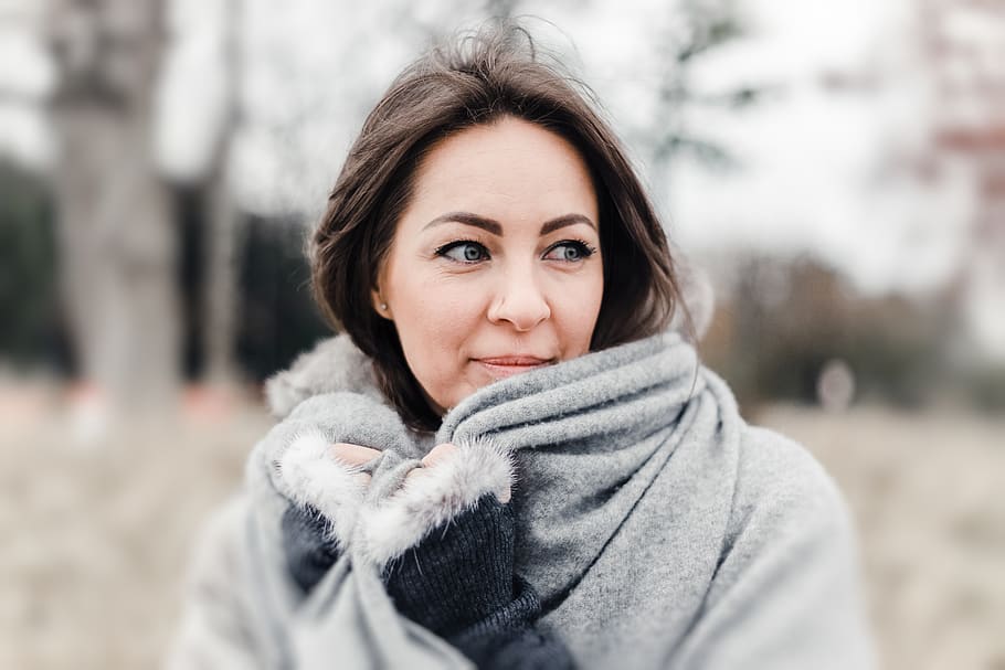 Woman Wearing Grey Top, adult, beautiful, blur, cold, daylight, HD wallpaper