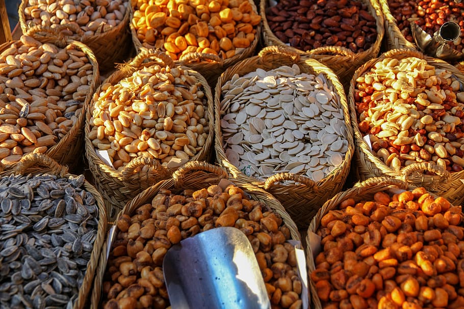 nuts, fruits, peanuts, sunflower seeds, pumpkin seeds, corn