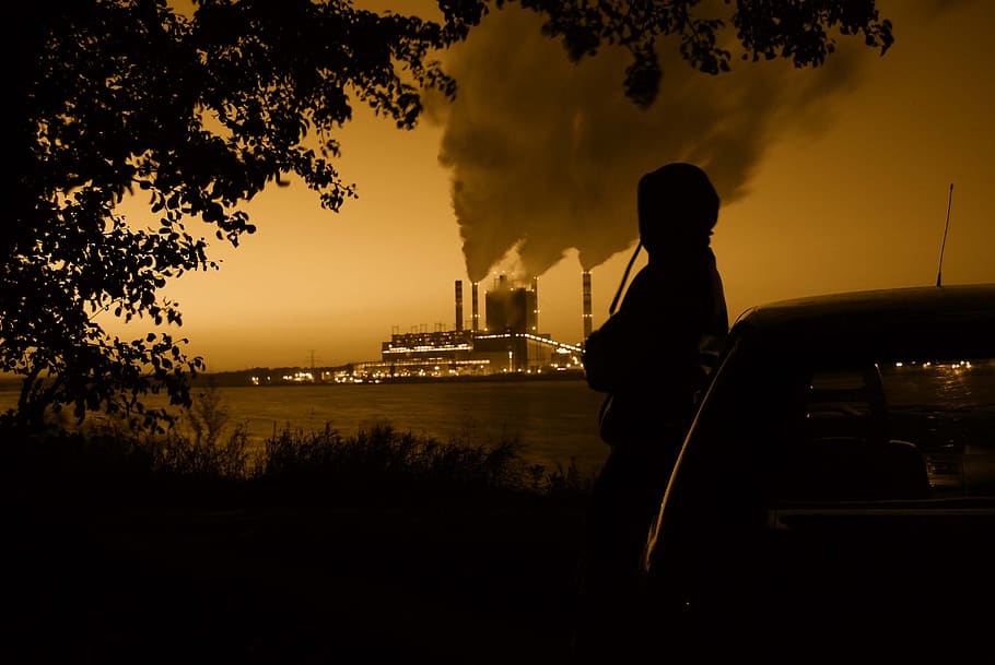 power station, smoke, character, man, chimneys, pollution, a person, HD wallpaper