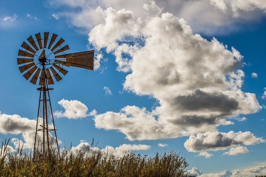 windmill, sky, nature, clouds, landscape, scenery, reeds, agriculture HD wallpaper