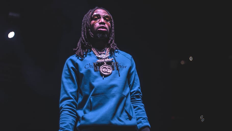 migos, one person, front view, blue, clothing, night, indoors