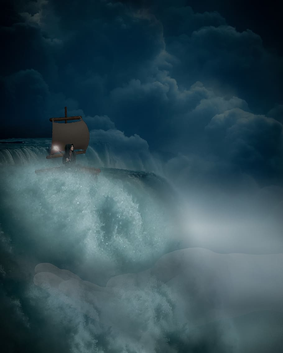 fantasy, waterfall, storm, boat, girl, lantern, cloud, night HD wallpaper