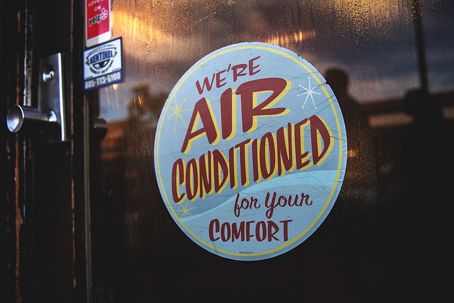 we're air conditioned for your comfort sticker, text, label, united states