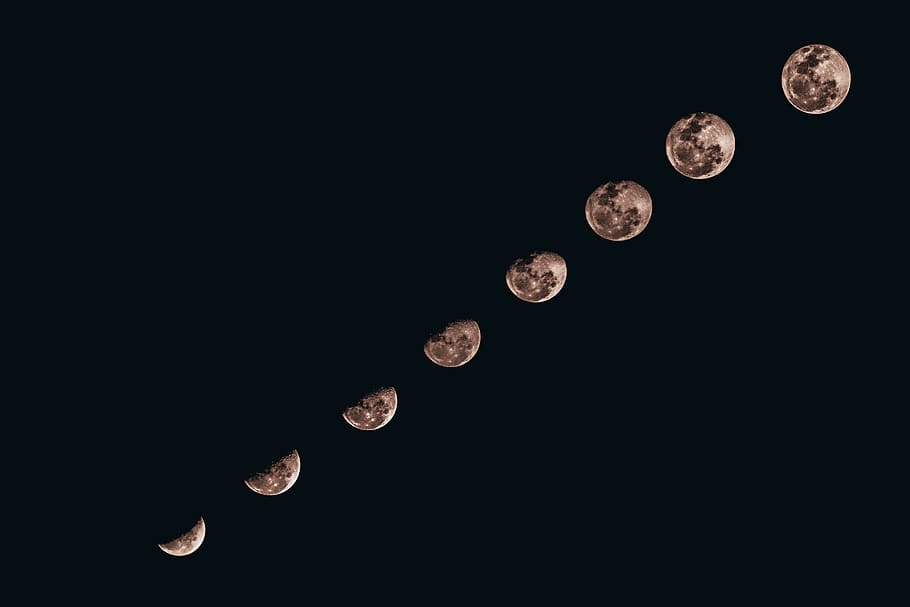 eight full moon view, black background, no people, sky, coin HD wallpaper
