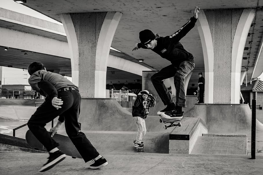 Monochrome Photo of Men Skateboarding, action, active, black-and-white