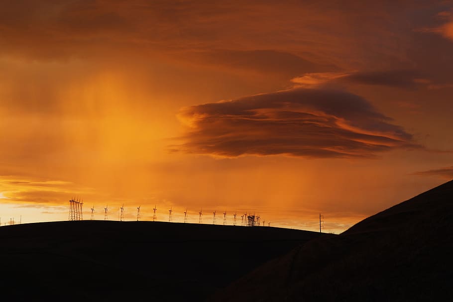 hill, wind turbine, cloud, rain, orange, evening, sunset, dawn HD wallpaper