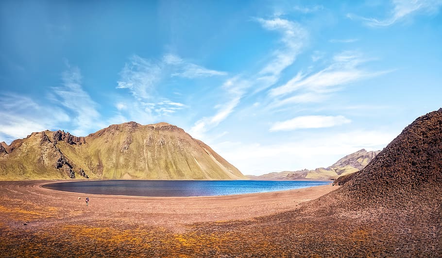 Body of Water Surrounded by Mountains, barren, beach, clouds HD wallpaper